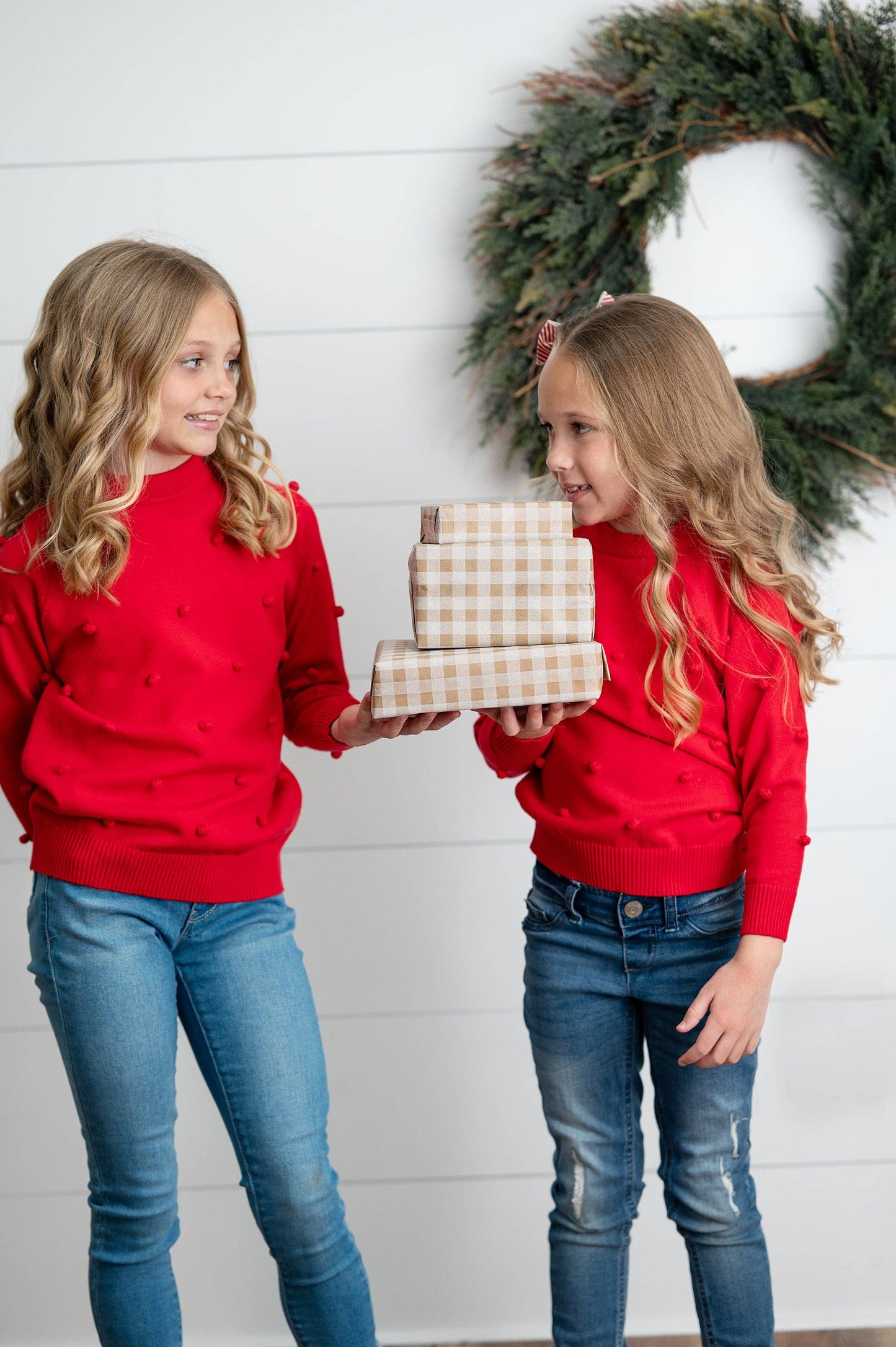 Kids Red Pom Pom Fall Winter Holiday Crew Neck Sweater