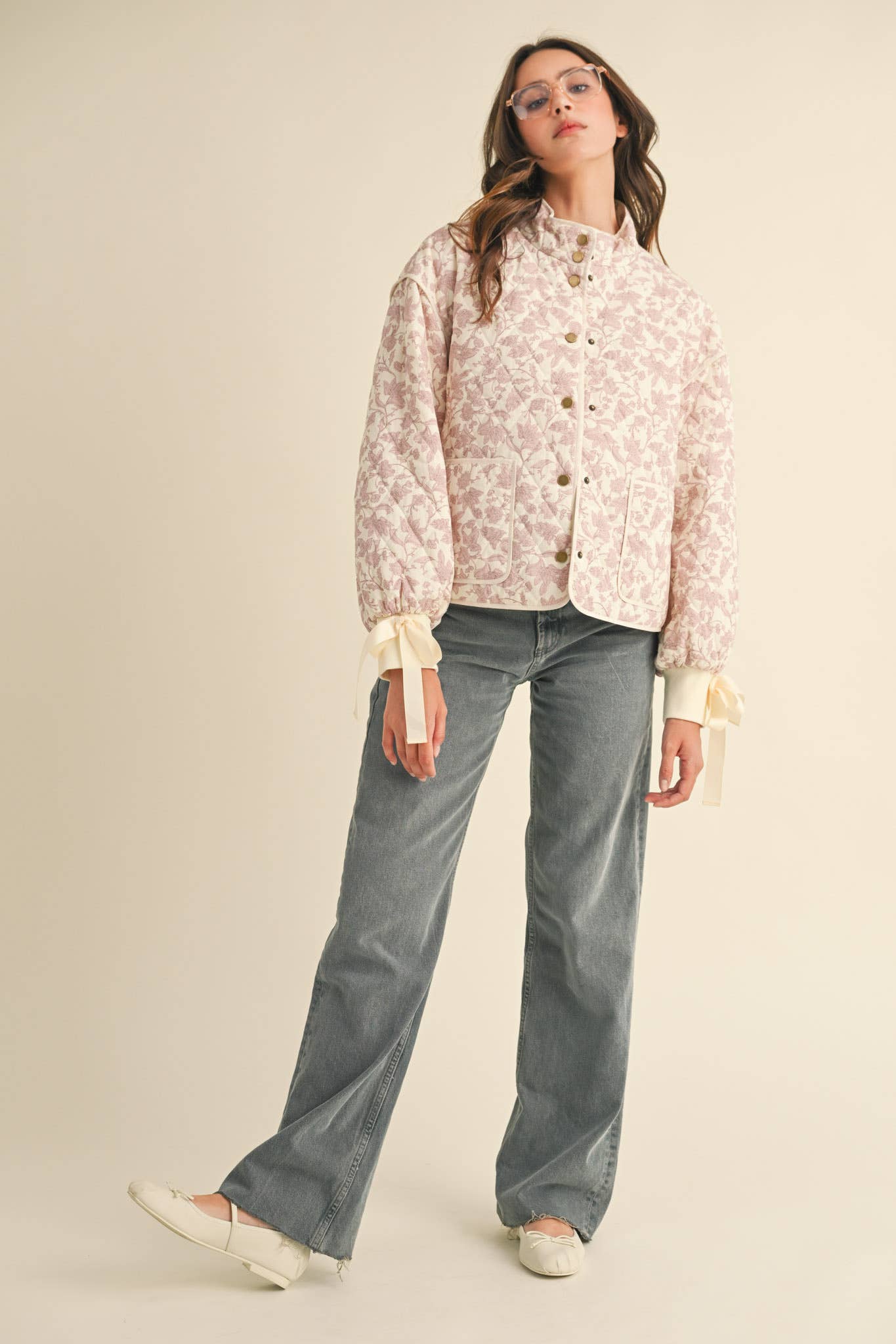 FLORAL QUILTED JACKET WITH RIBBON DETAIL MJK3622