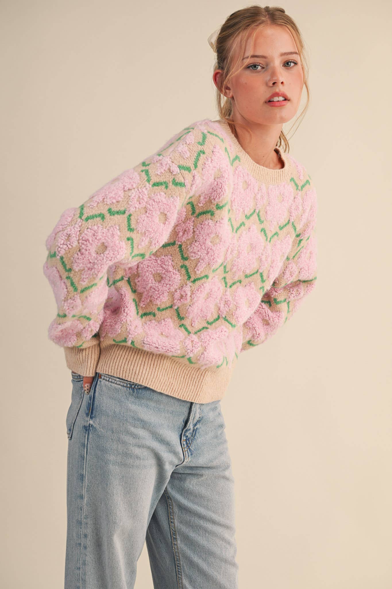 FUZZY TEXTURE FLORAL SWEATER MSW11198