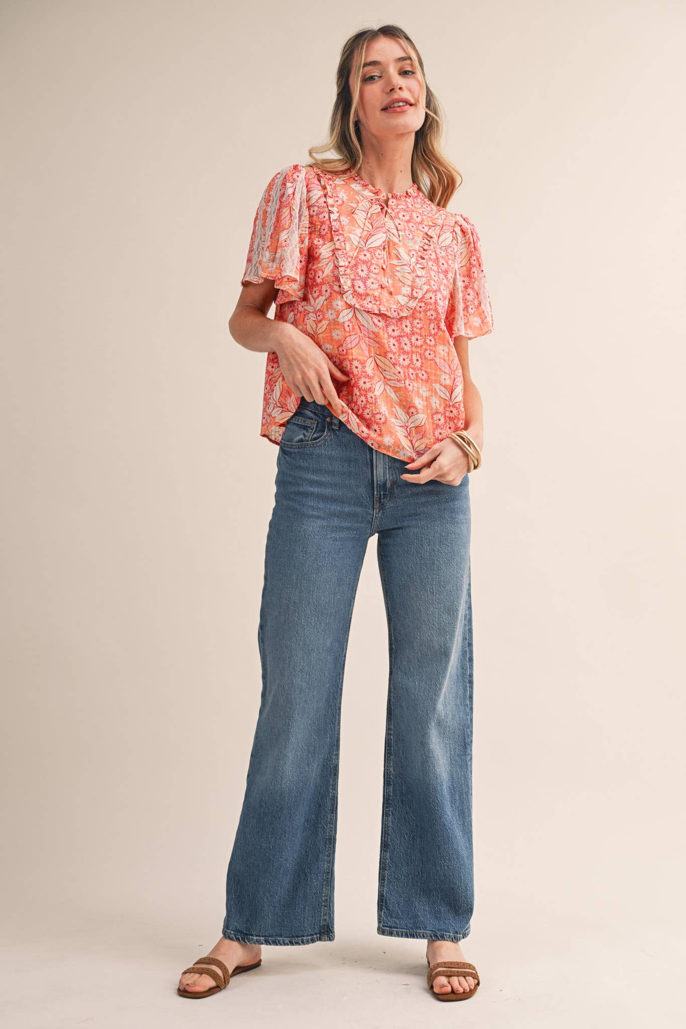 EXCLUSIVE FLORAL PRINT LACE TRIM TOP MTP4828