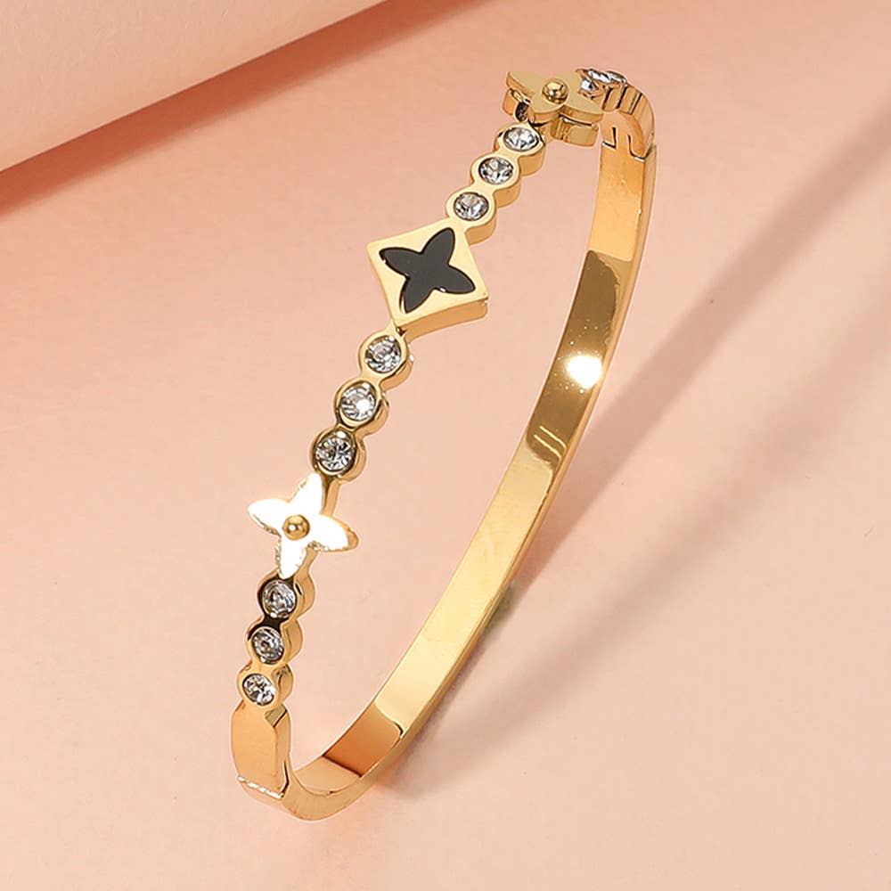 Stainless Steel Triple Clover Bezel Hinged Bangel Bracelet