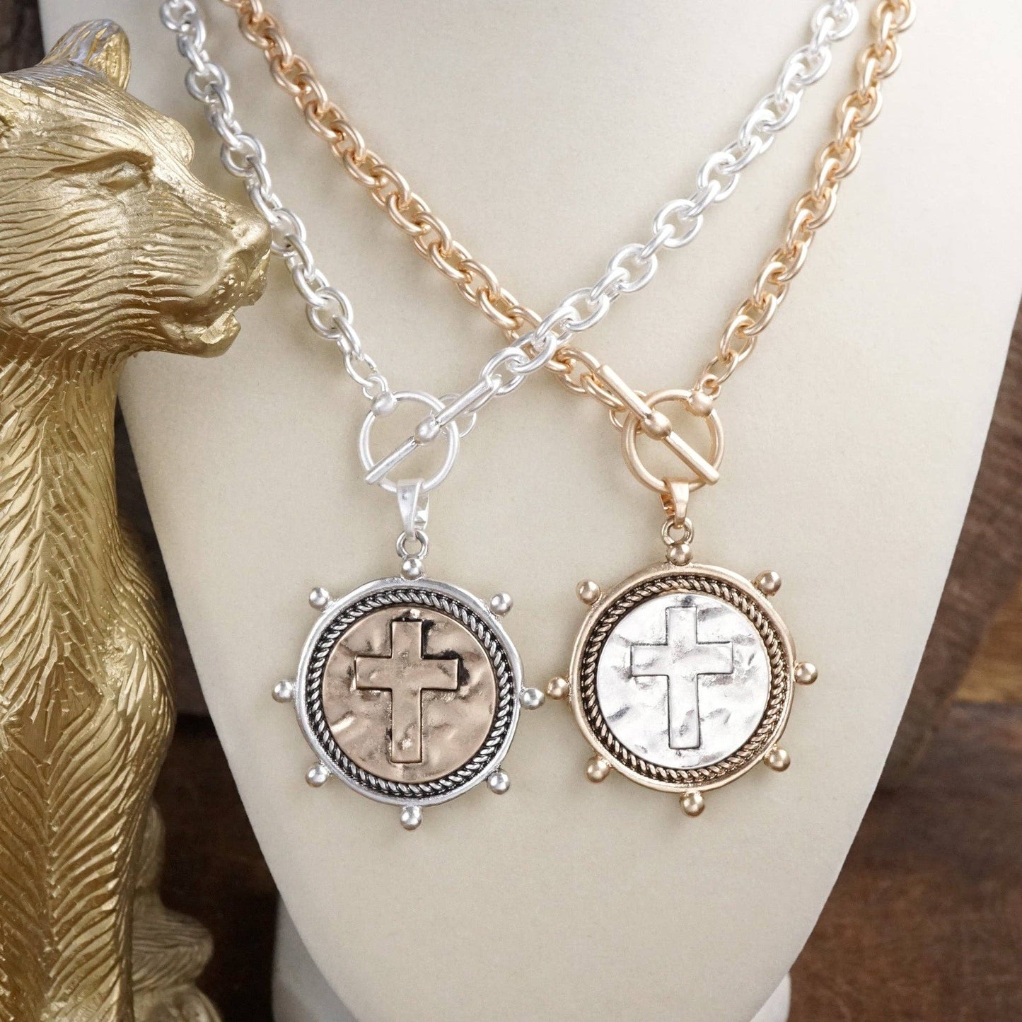 Cross Coin Chain Necklace with Front Toggle Closure – Silver or Gold Tone