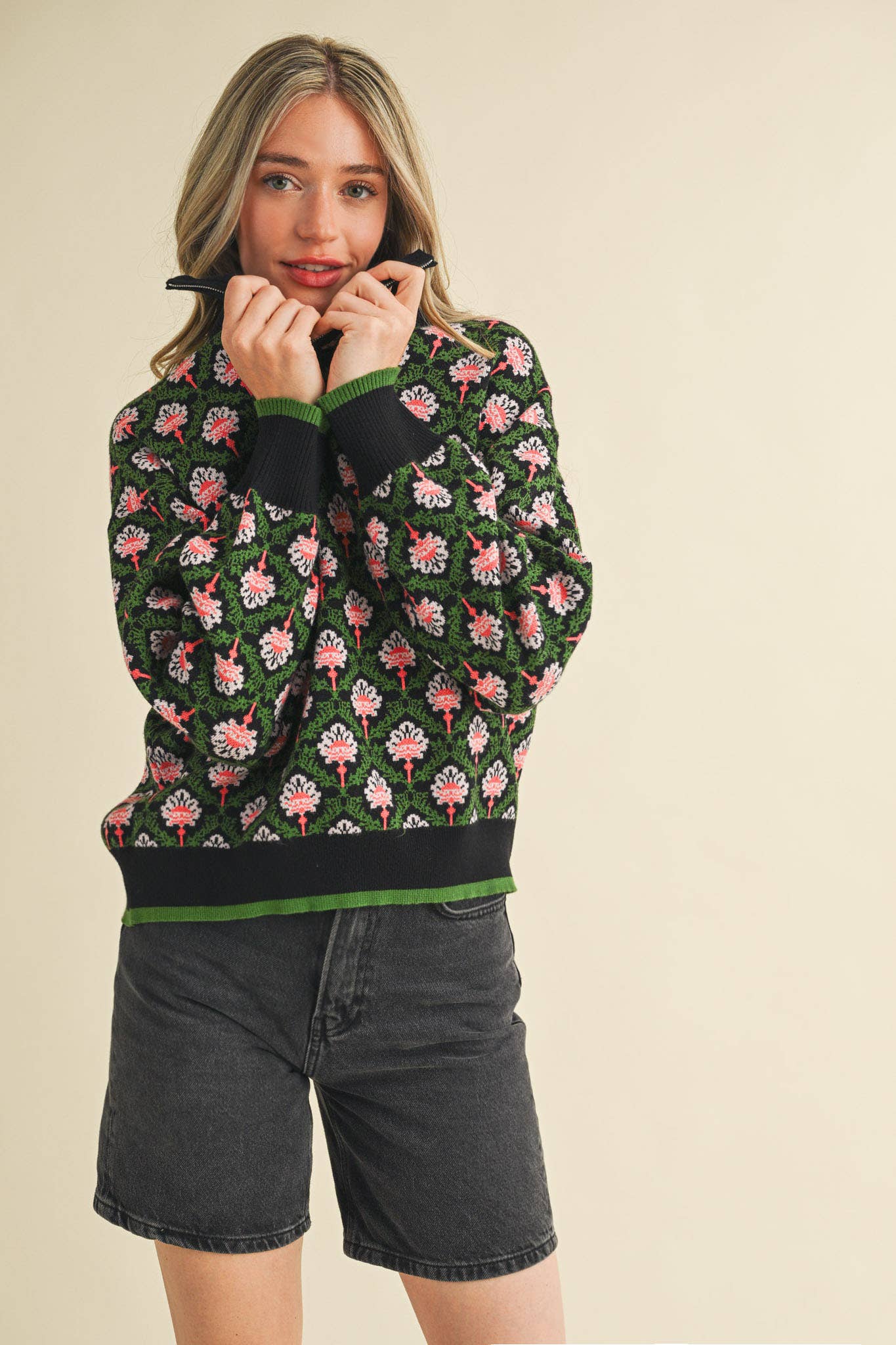 FLORAL MOCK NECK HALF ZIP PULLOVER MSW10829