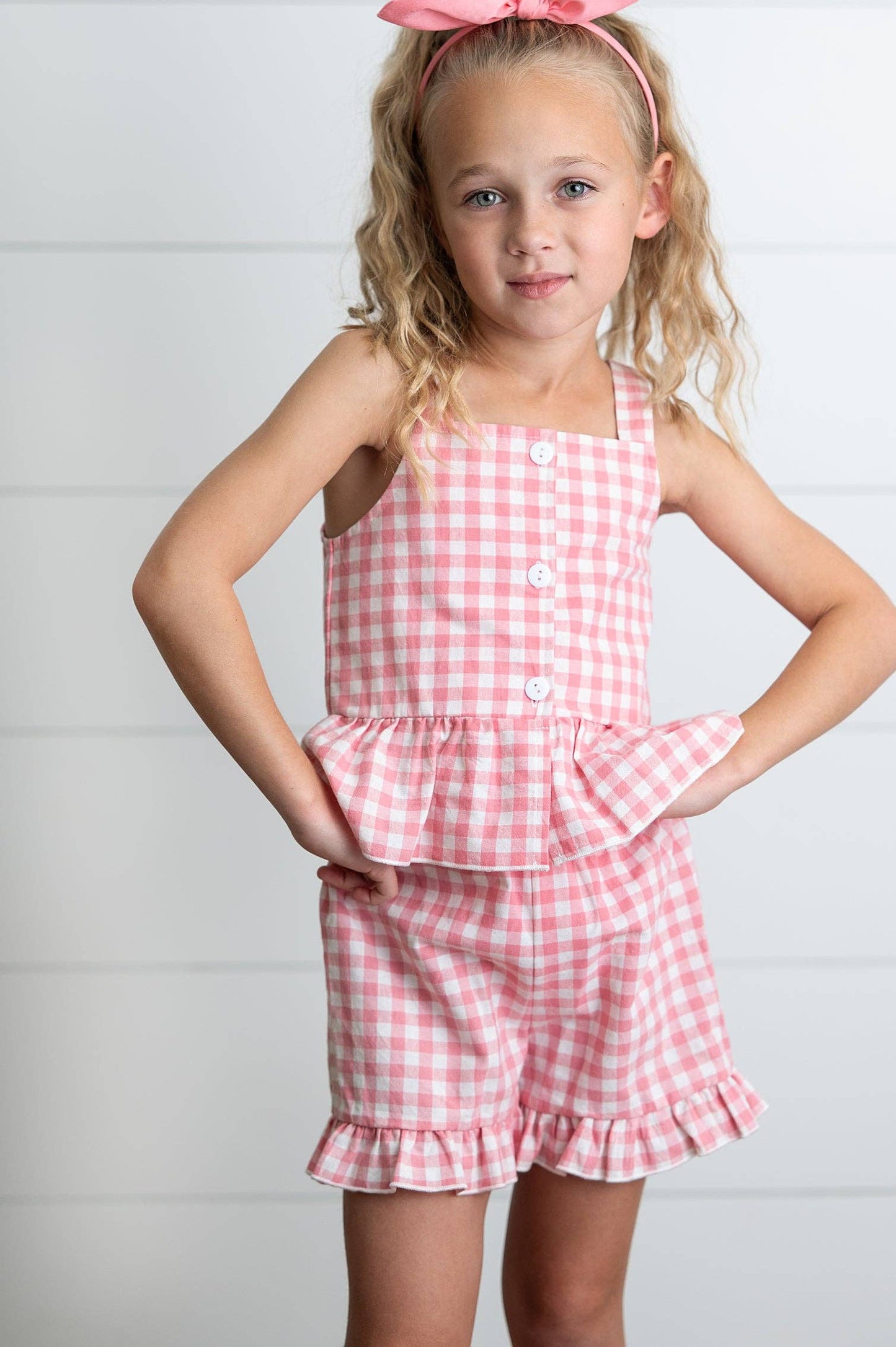 Kids Pink Check Gingham Ruffle Button Spring Short Set