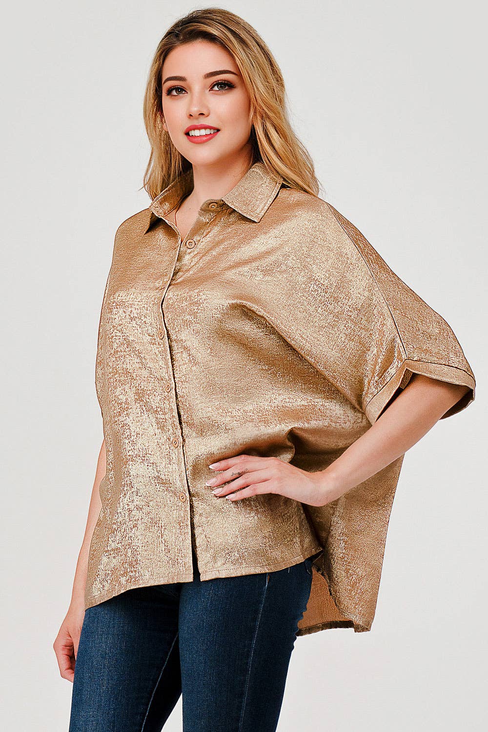 MBT 9922 Sonya Shimmer Metallic Foil Button Down Top Gold