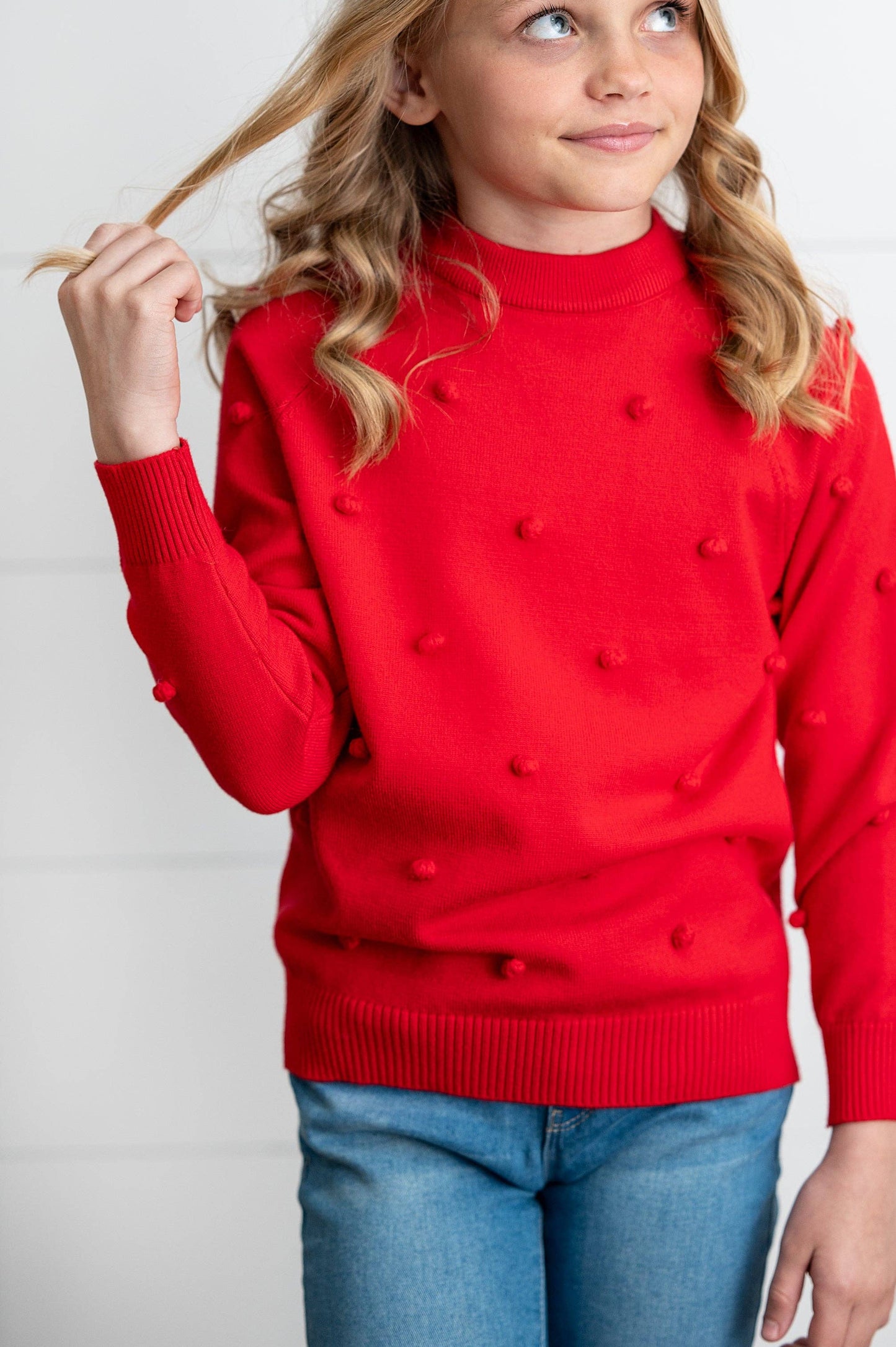 Kids Red Pom Pom Fall Winter Holiday Crew Neck Sweater