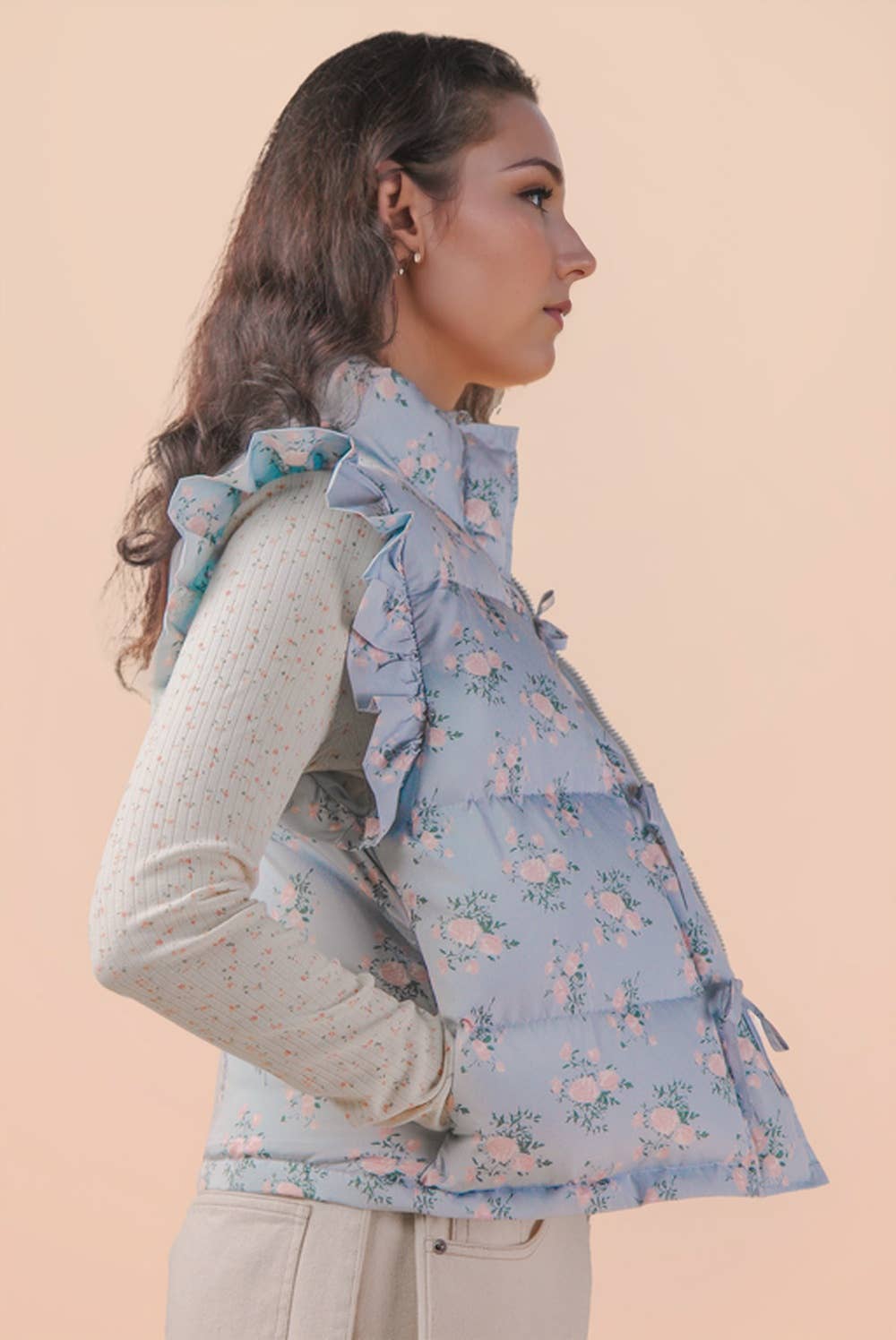 NJ90385-Front Bow Ruffle Sleeve Puffer Vest