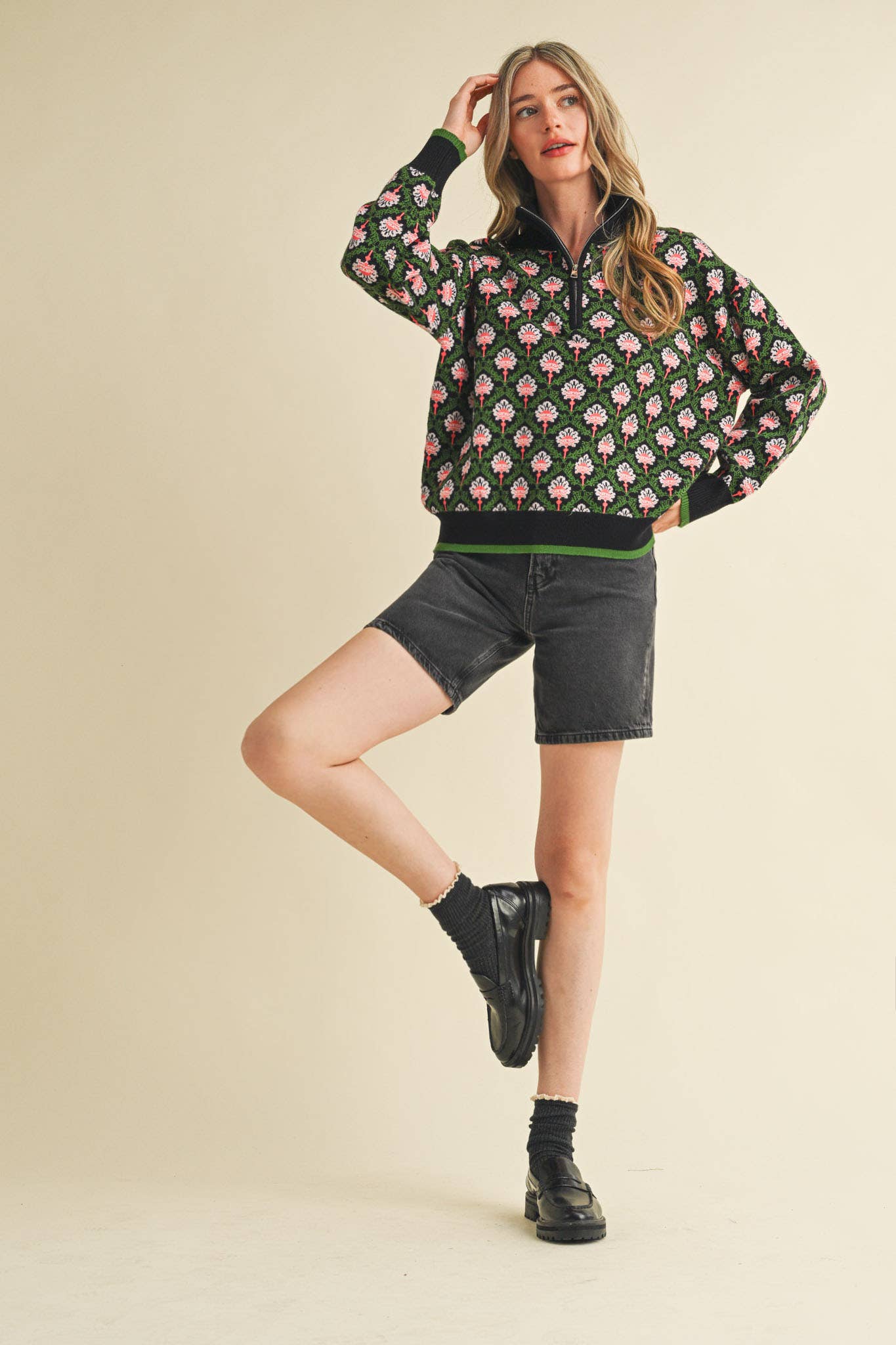 FLORAL MOCK NECK HALF ZIP PULLOVER MSW10829