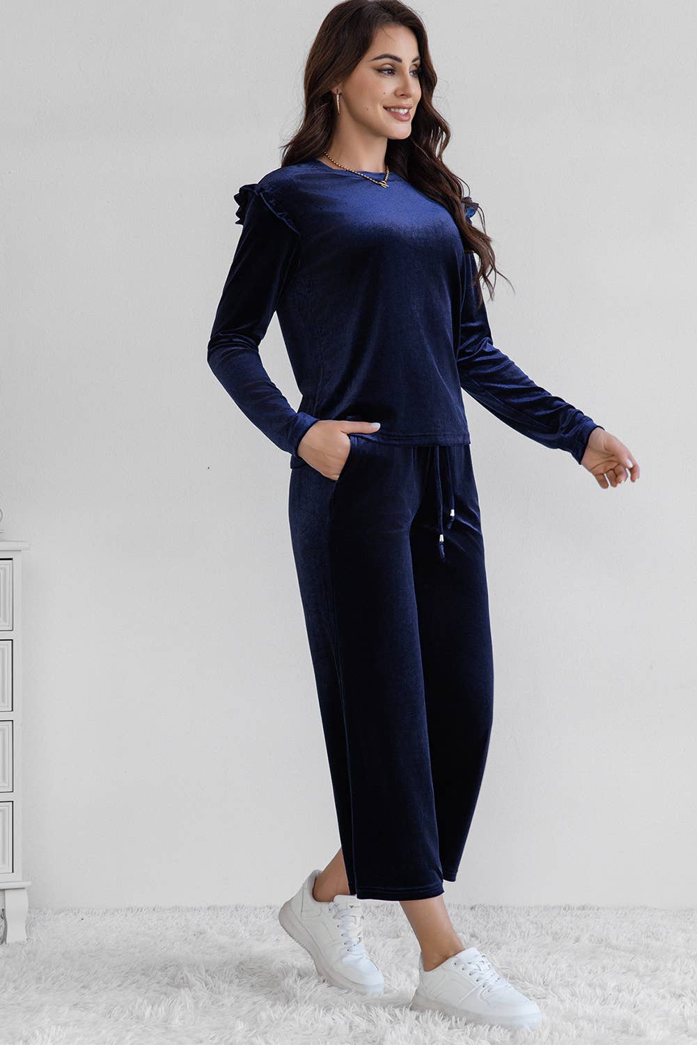 Solid Velvet Long Sleeve Top and High Waist Pants Set