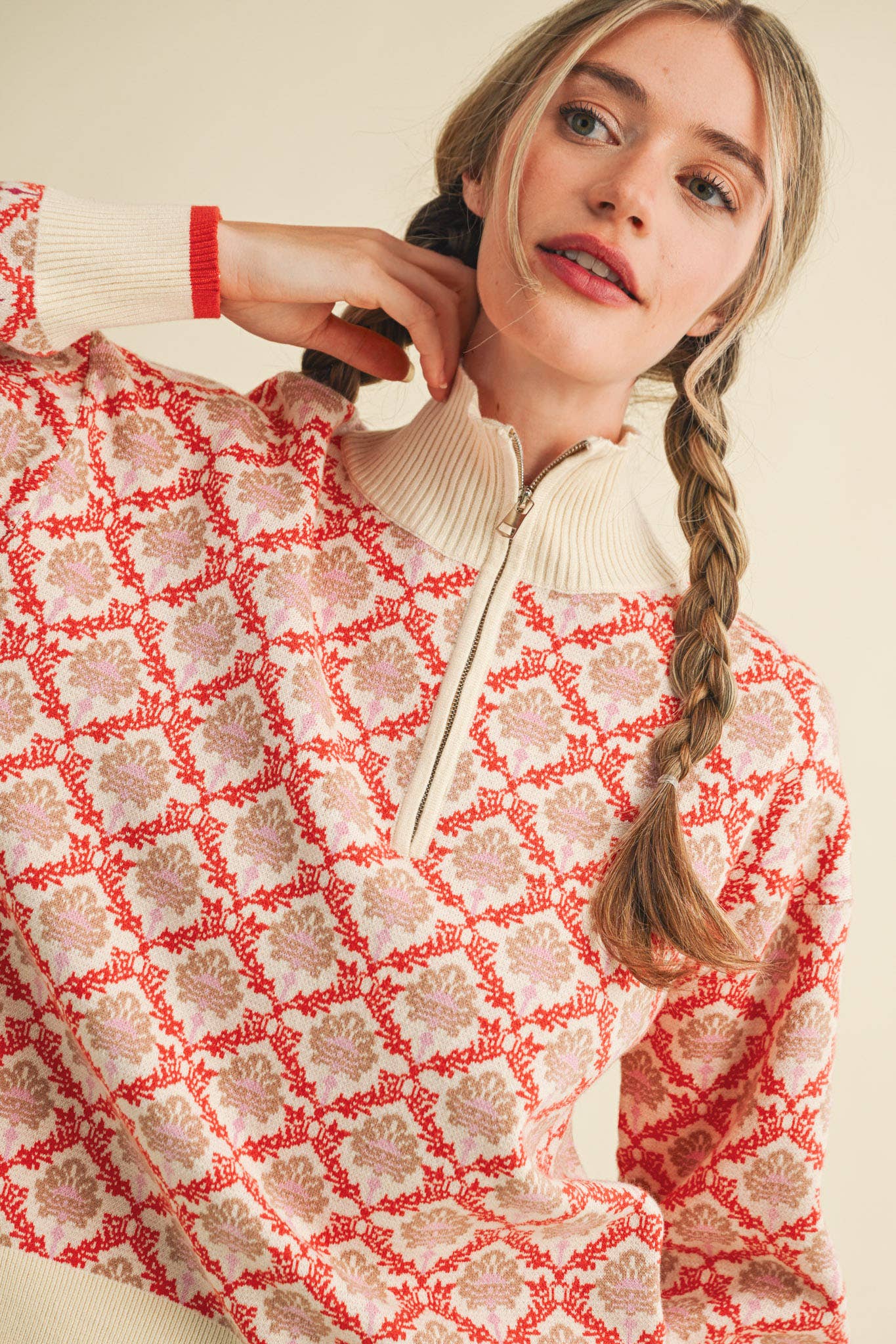 FLORAL MOCK NECK HALF ZIP PULLOVER MSW10829