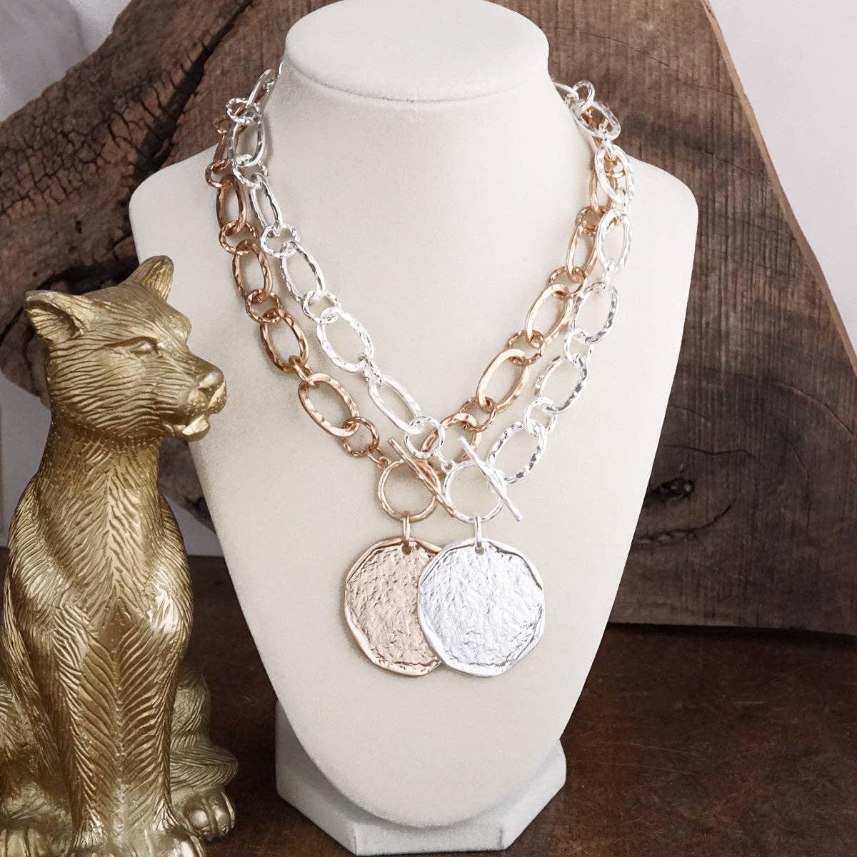 Nomad Glow – Front Toggle Statement Necklace with Hammered Disc