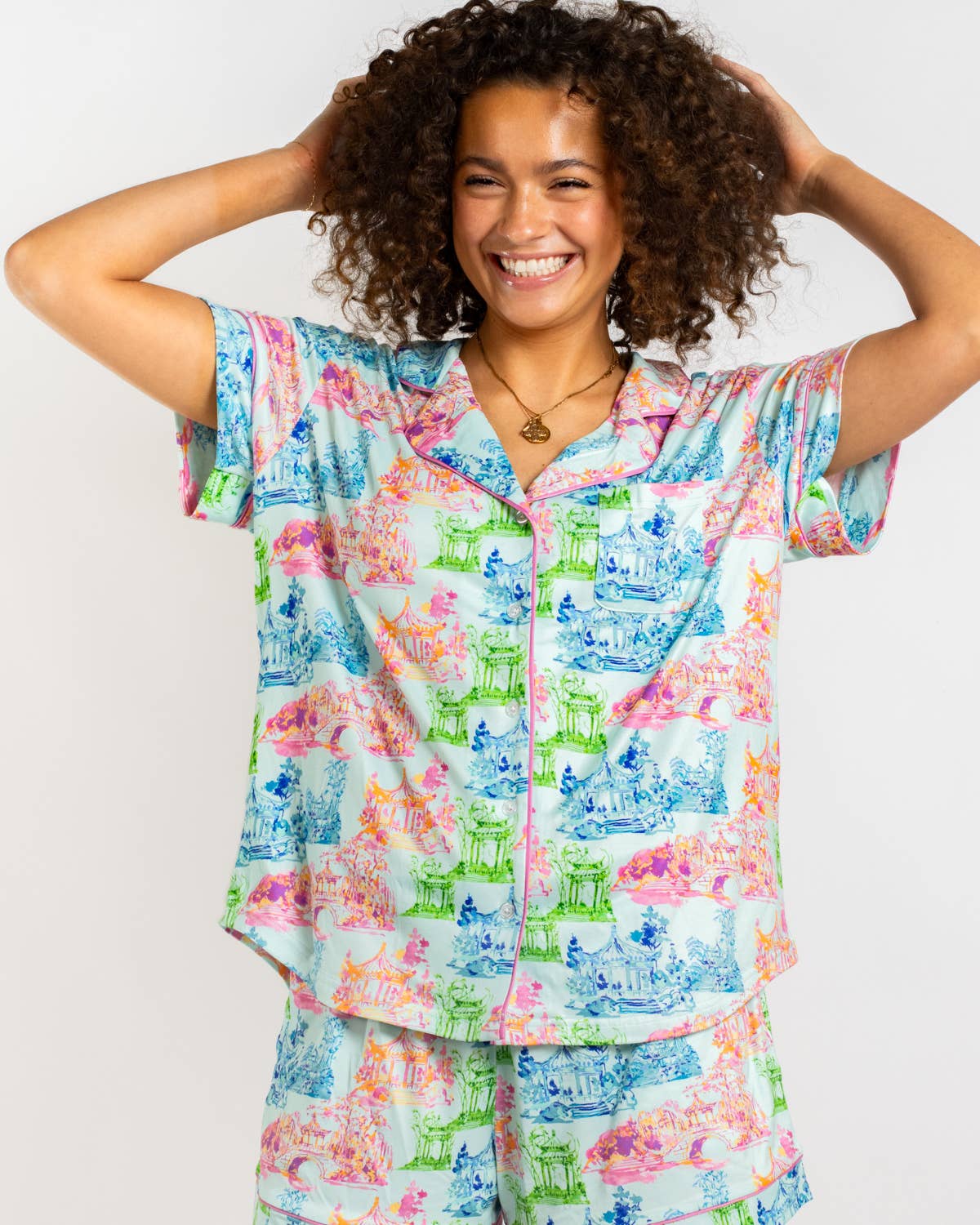Maya Short Sleeve Button Up Sleep Shirt   Aqua/Multi   -Asst.