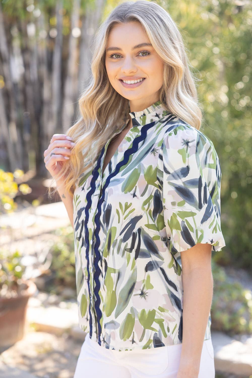 36025 Wavy Trim Button Down Print Top