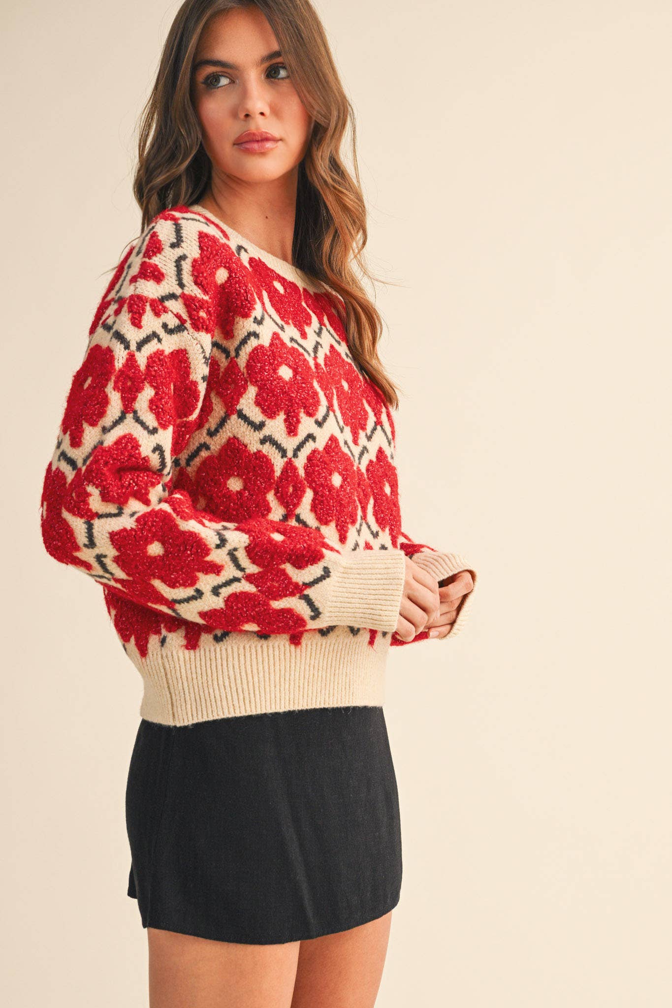 FUZZY TEXTURE FLORAL SWEATER MSW11198