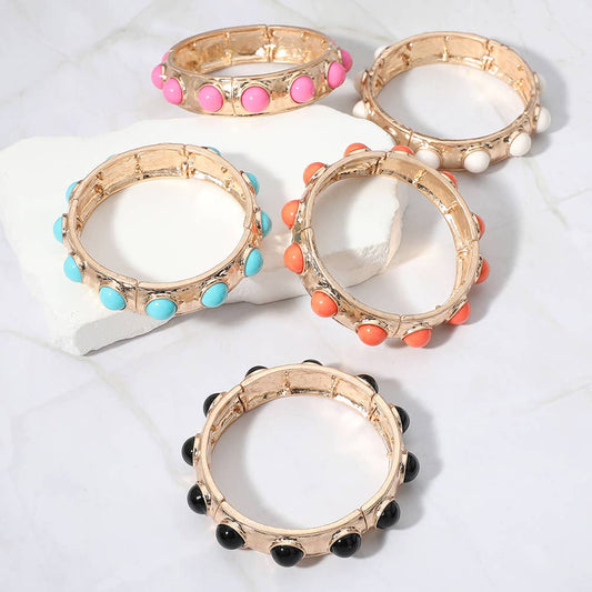 Bead Pearl Embellished Hammered Metal Stretch Bracelet