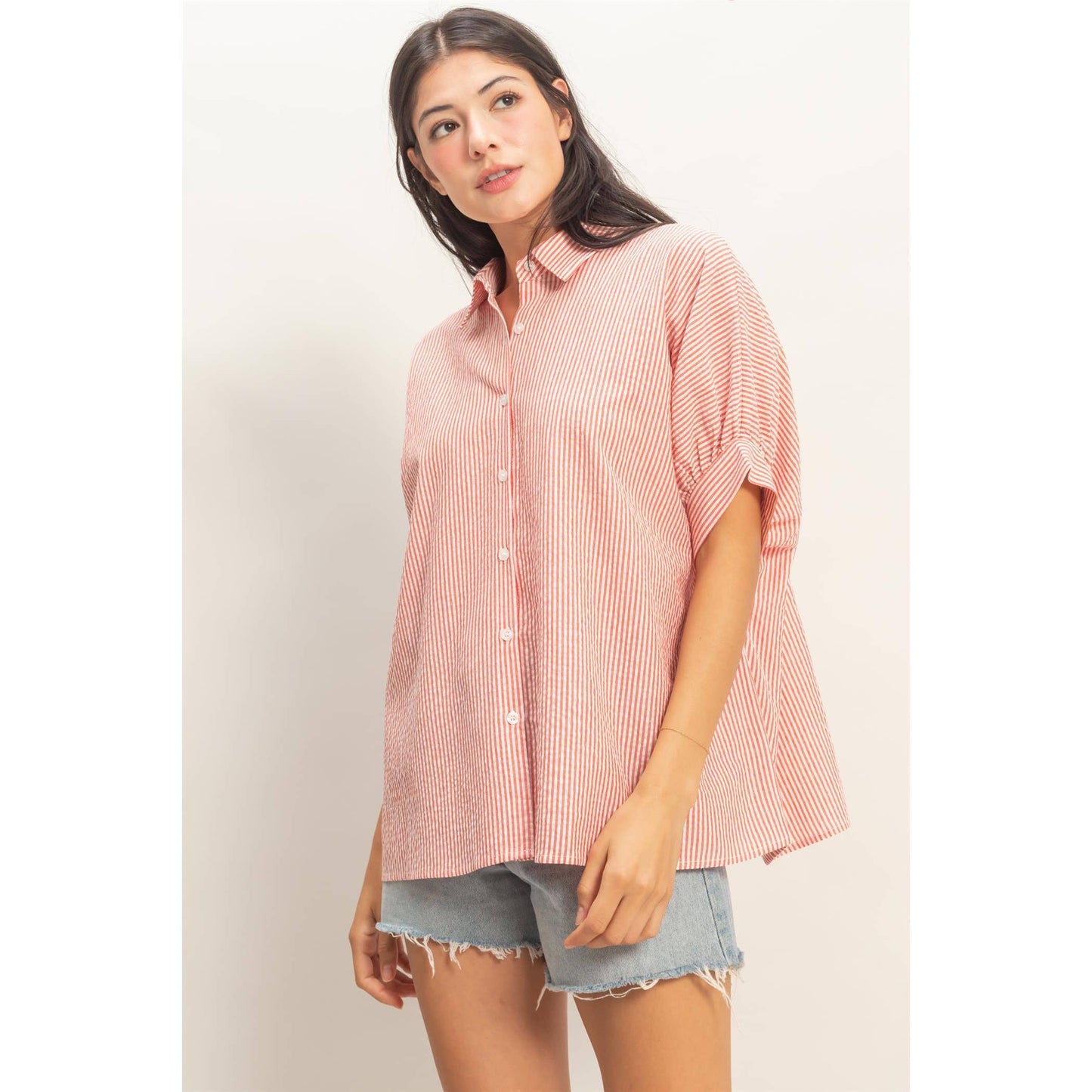 Striped Short Sleeve Button-Front Blouse