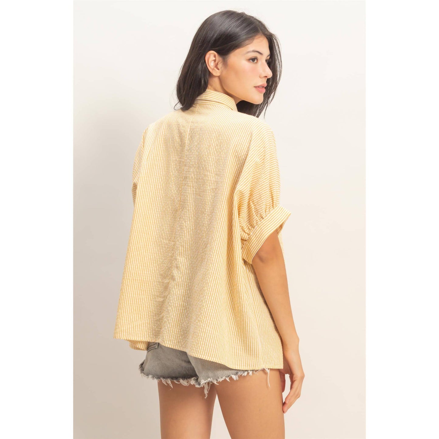 Striped Short Sleeve Button-Front Blouse