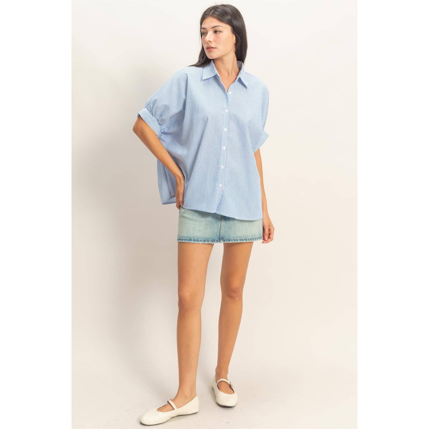 Striped Short Sleeve Button-Front Blouse