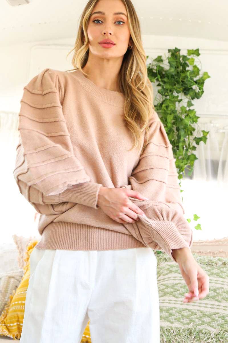 Crew Neck Textured Puff Sleeve Knitted Sweater Top VT70364