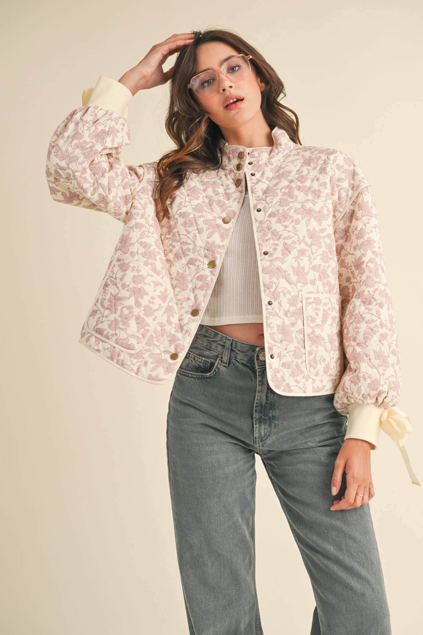 FLORAL QUILTED JACKET WITH RIBBON DETAIL MJK3622