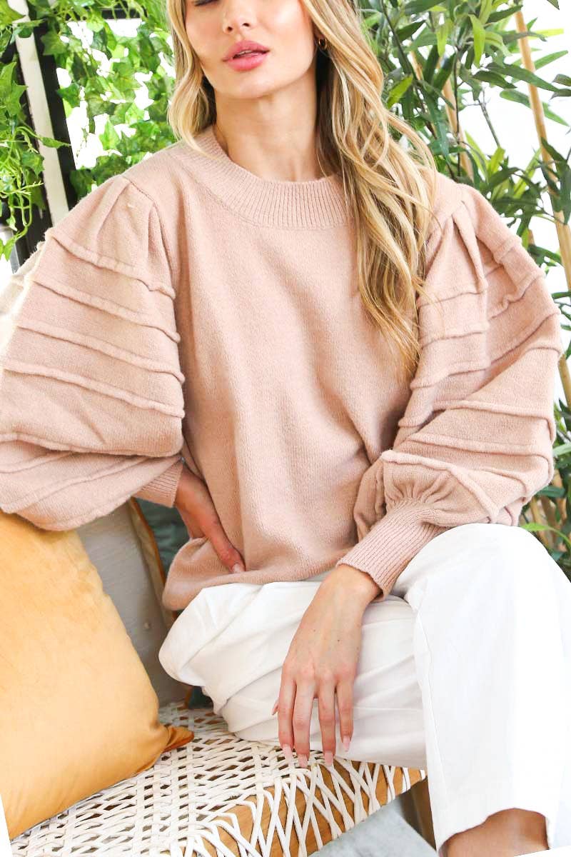 Crew Neck Textured Puff Sleeve Knitted Sweater Top VT70364