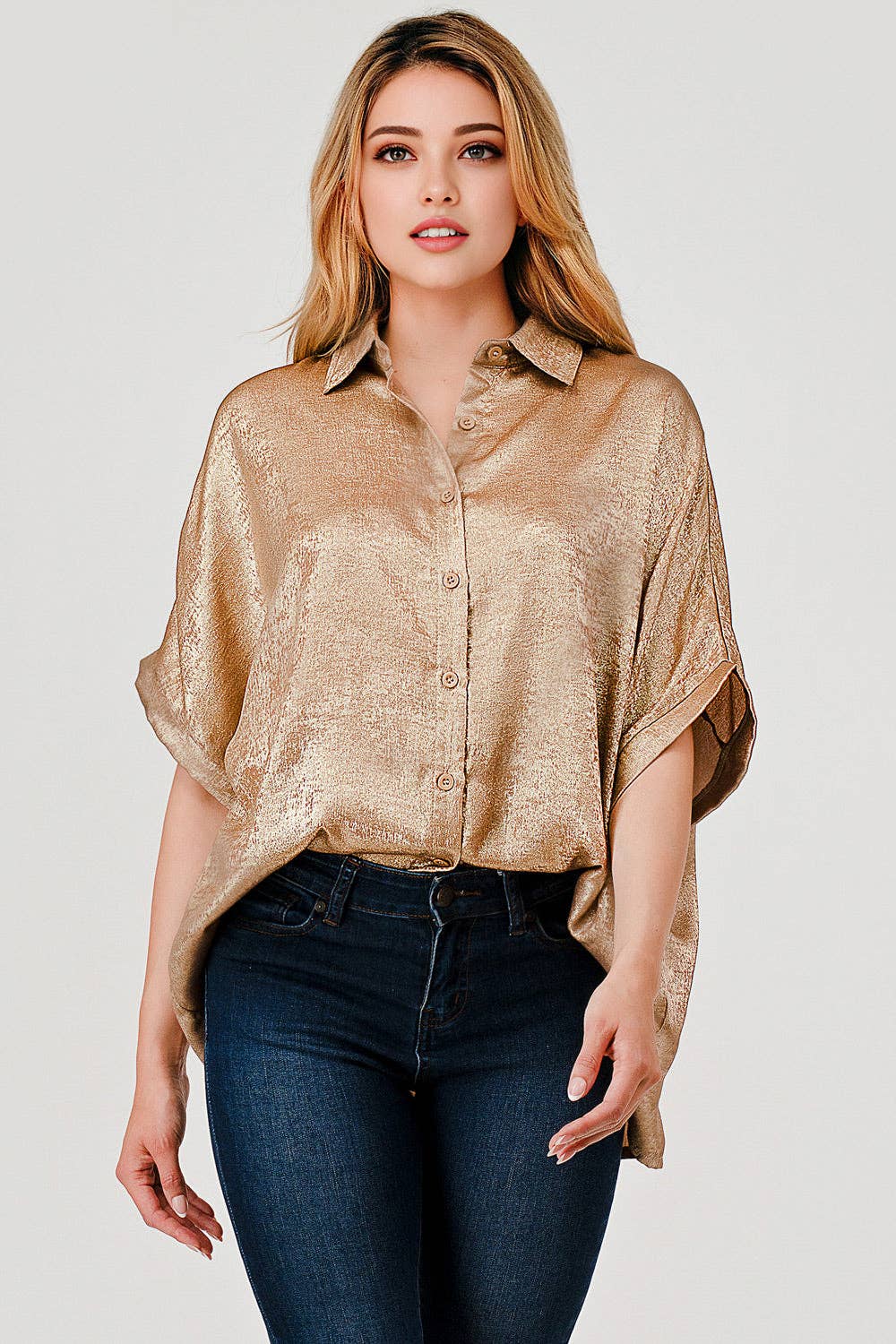 MBT 9922 Sonya Shimmer Metallic Foil Button Down Top Gold