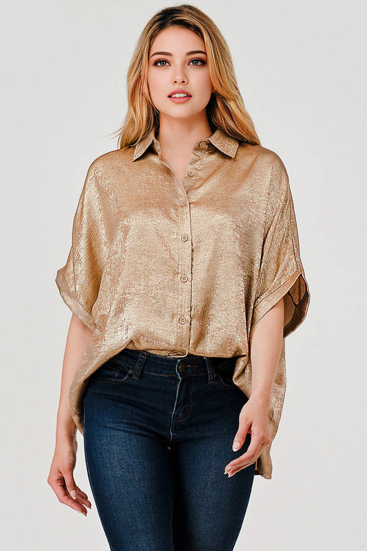 MBT 9922 Sonya Shimmer Metallic Foil Button Down Top Gold