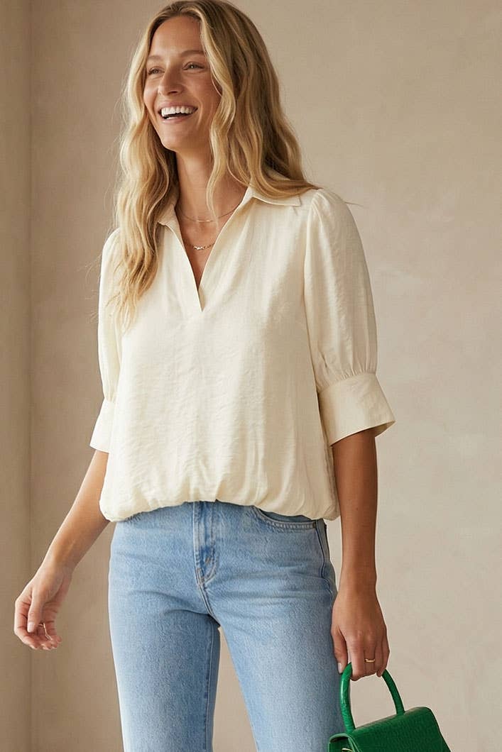 Half Sleeve Hi-lo Bubble Hem Blouse
