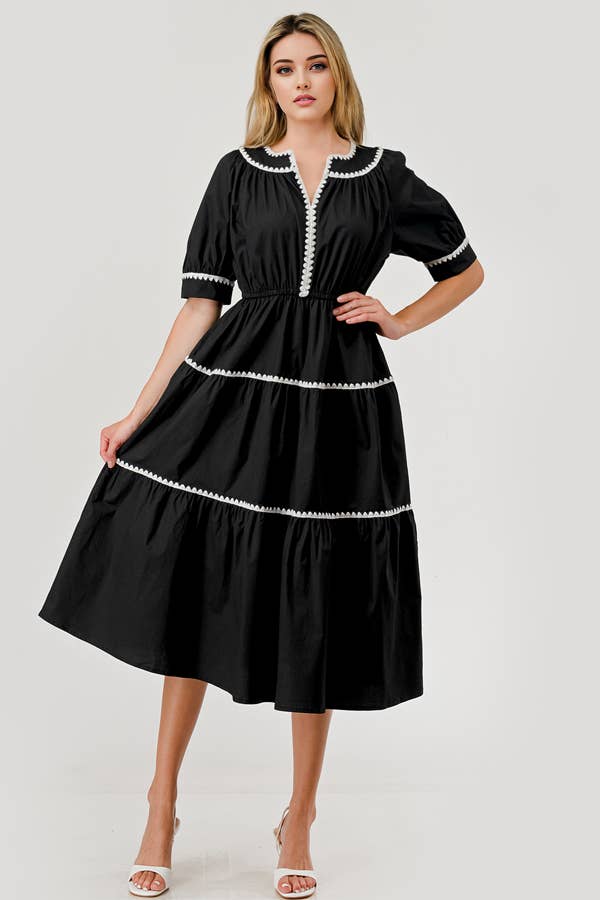  Pippa Short Sleeve Poplin Embroidered Midi Dress Black