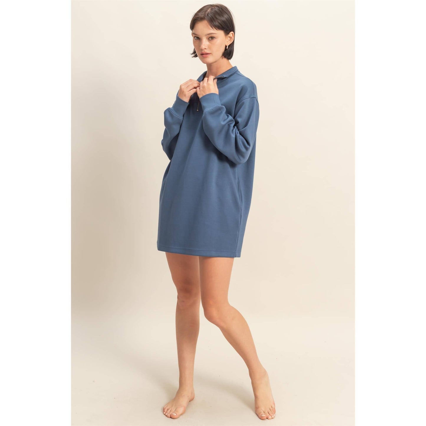 Double Knit Half Zip Up Long Sleeve Mini Dress