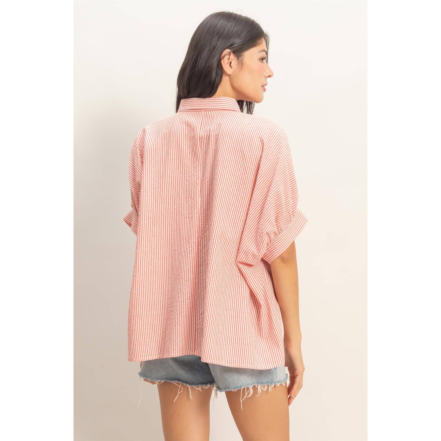 Striped Short Sleeve Button-Front Blouse