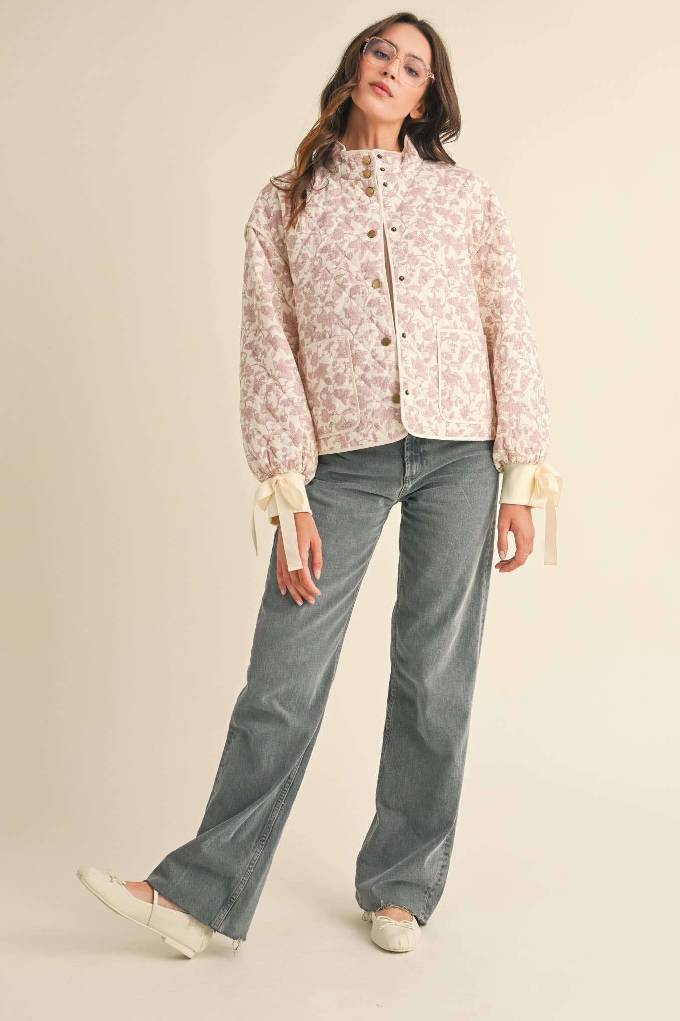 FLORAL QUILTED JACKET WITH RIBBON DETAIL MJK3622