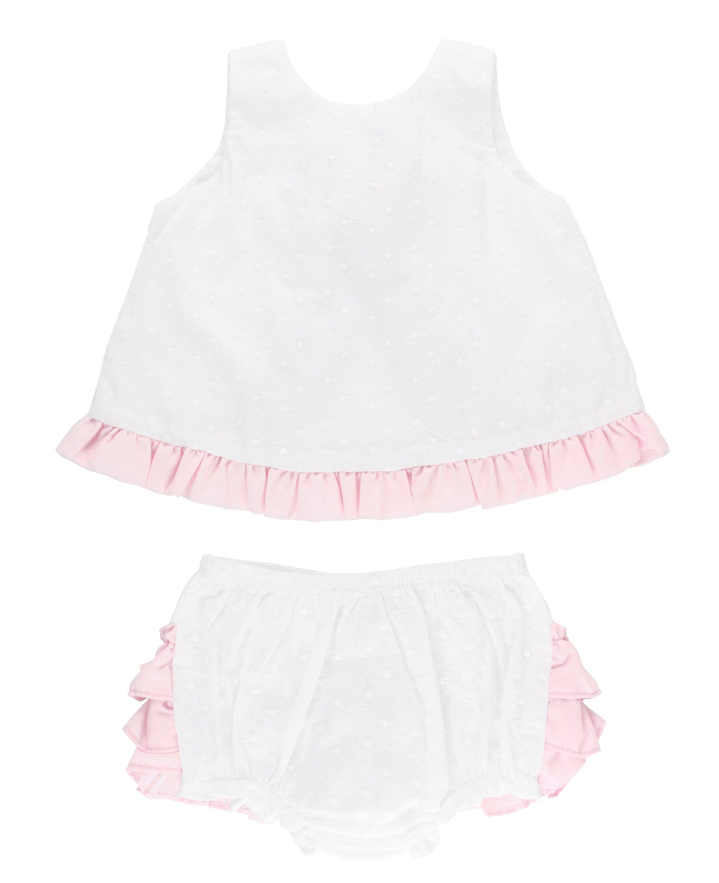 Baby Girls White and Pink Swiss Dot Swing Top & Bloomer Set
