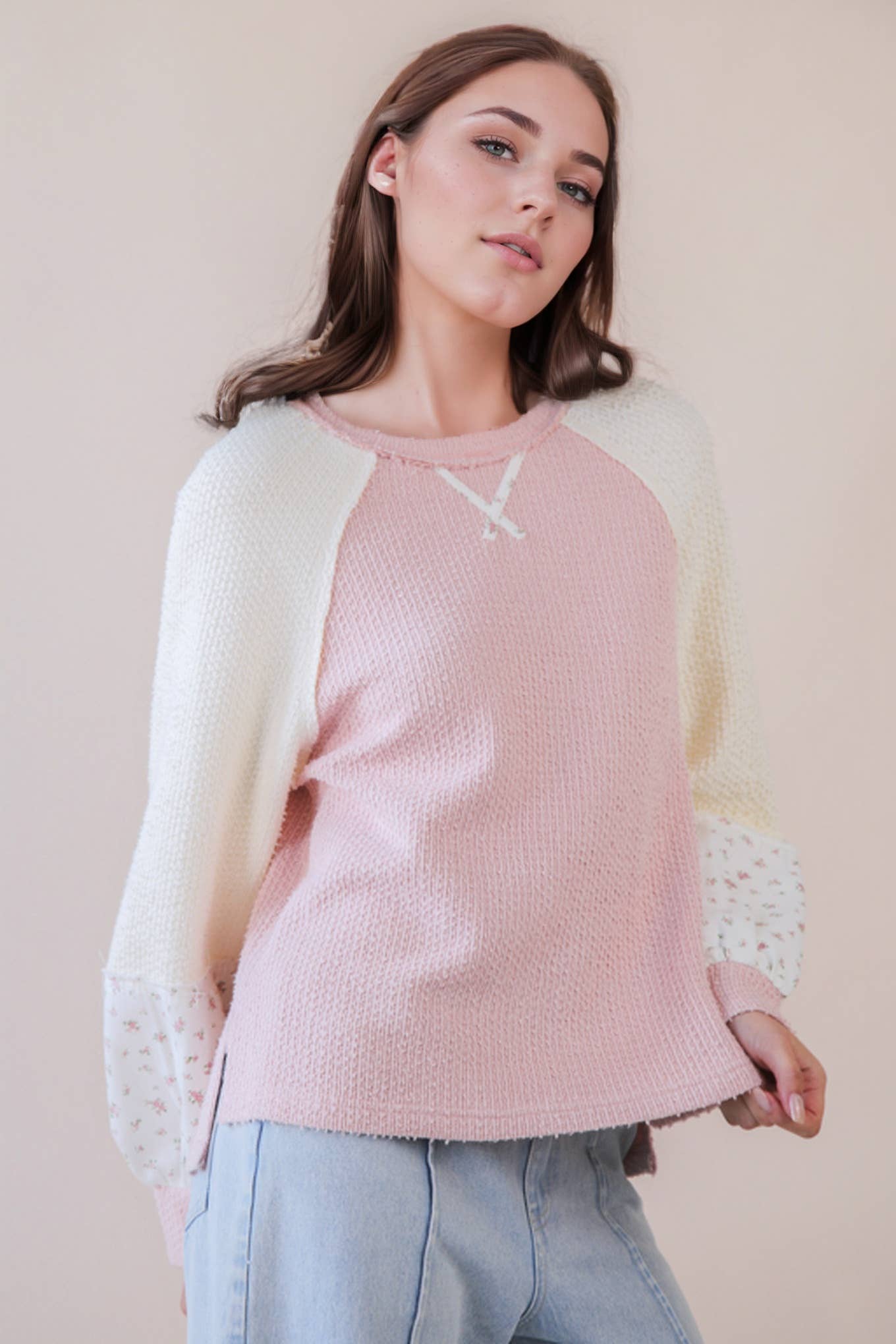 NT12328-Raglan Sleeve Color Block Casual Textured Knit Top