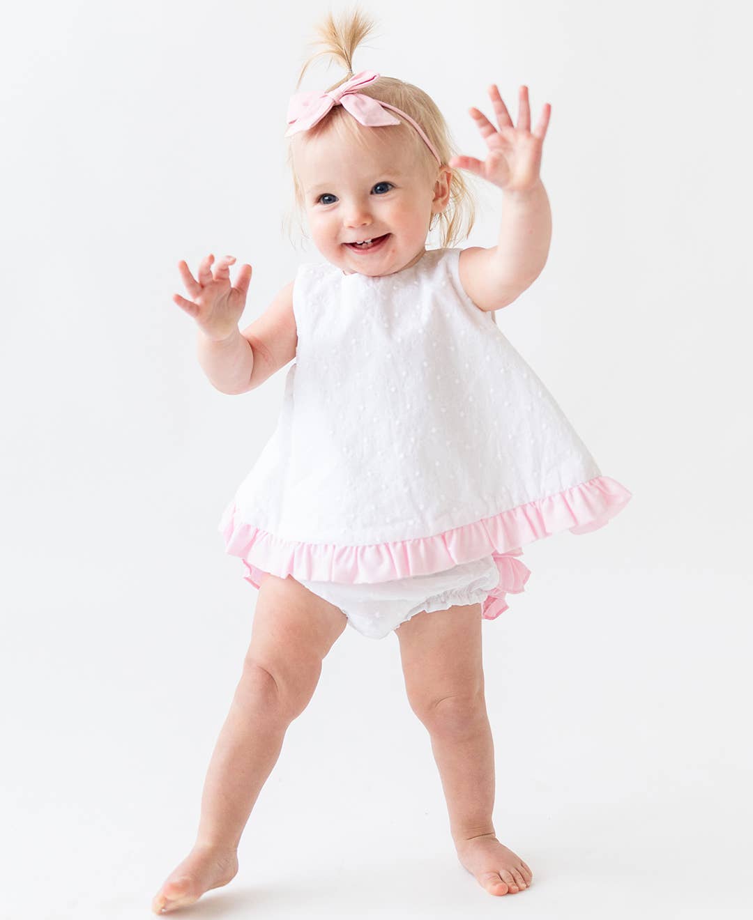 Baby Girls White and Pink Swiss Dot Swing Top & Bloomer Set