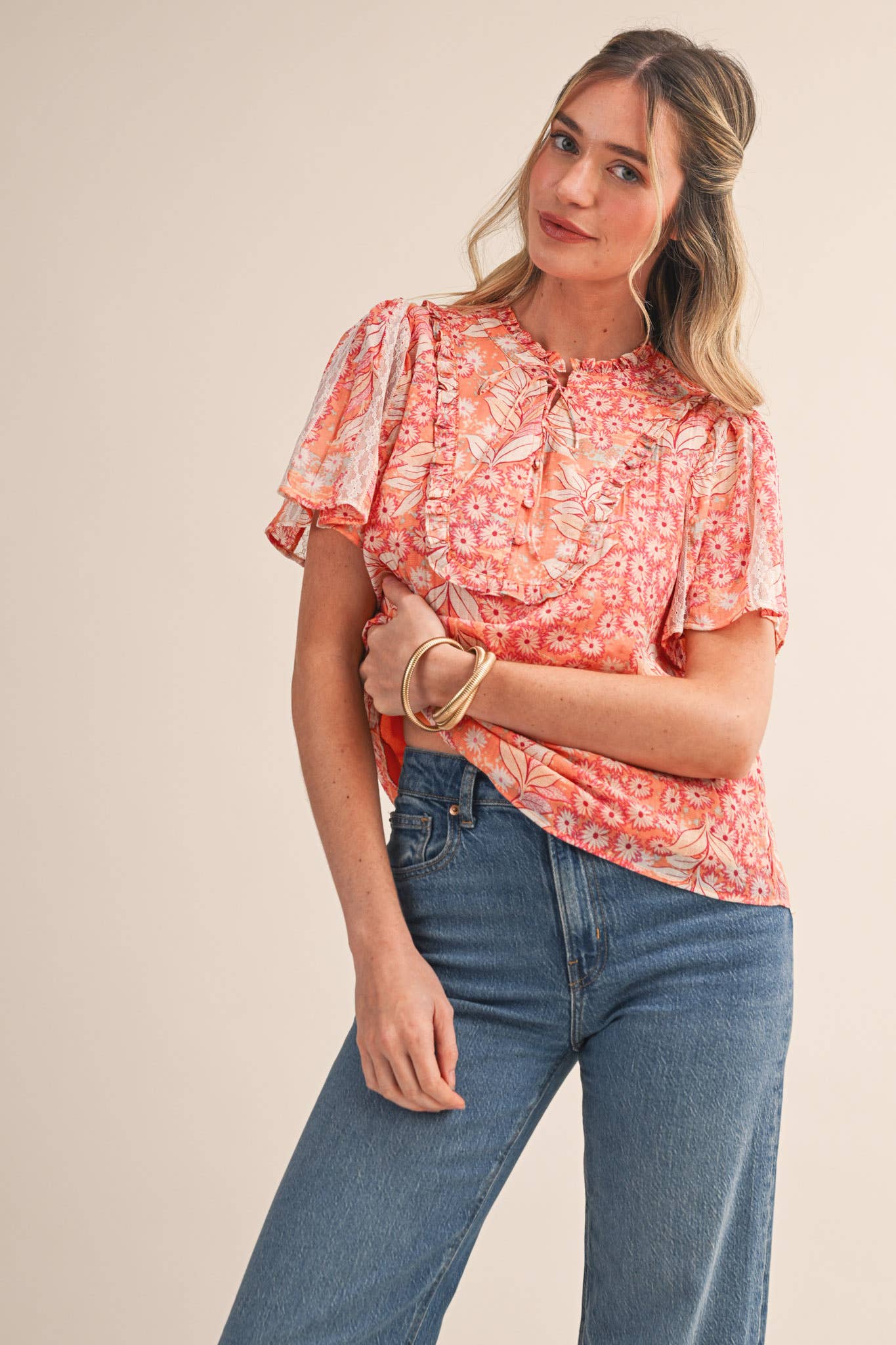 EXCLUSIVE FLORAL PRINT LACE TRIM TOP MTP4828