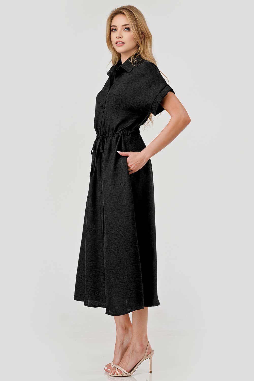 Sofia Drawstring Midi Game Day Dress Black Mbd 9751