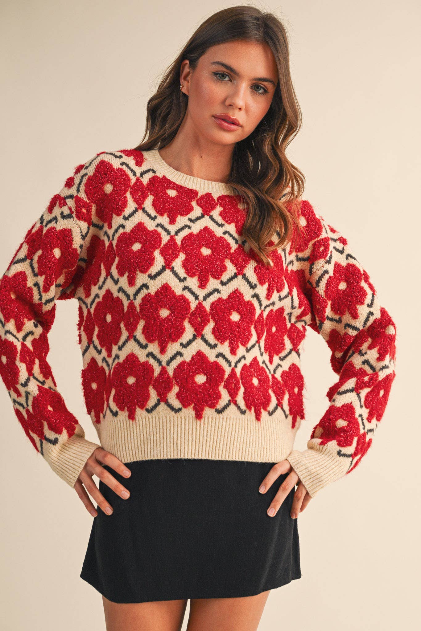 FUZZY TEXTURE FLORAL SWEATER MSW11198