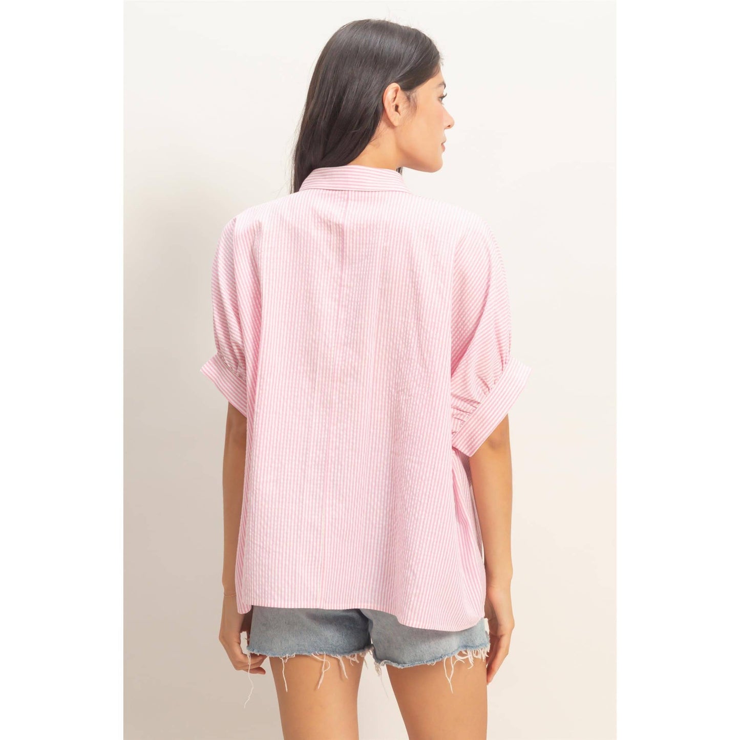 Striped Short Sleeve Button-Front Blouse