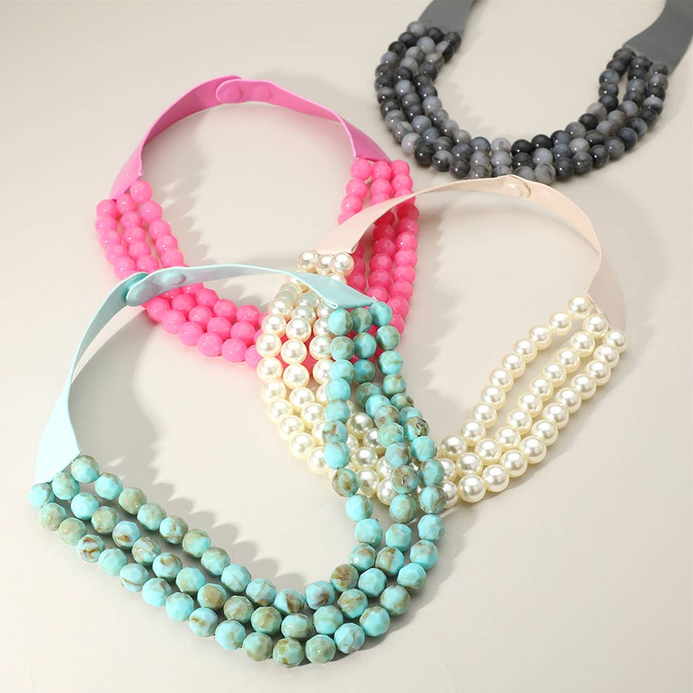 Chunky Bead Triple Layered Faux Leather Magnetic Necklace