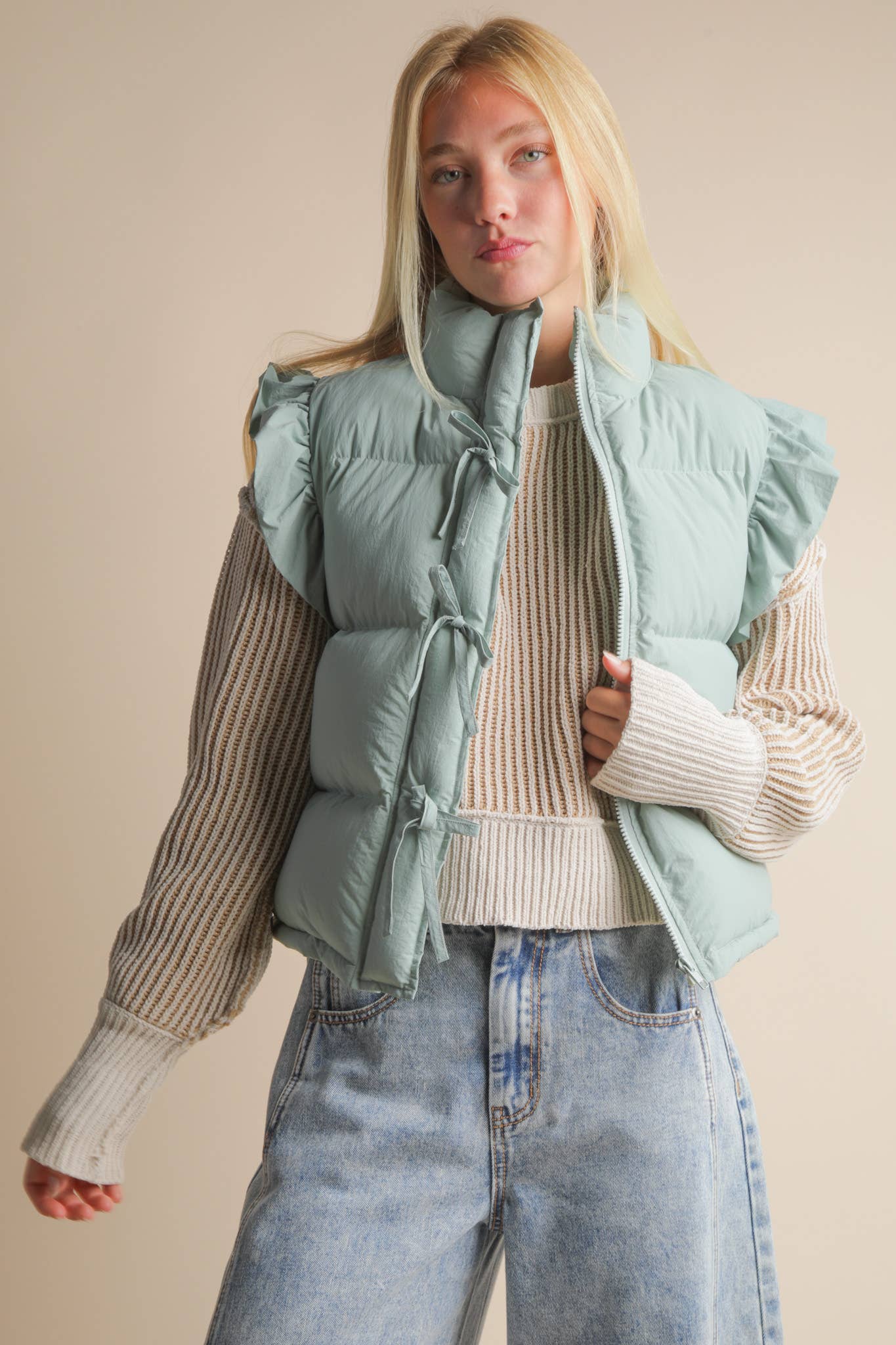 NJ90385-Front Bow Ruffle Sleeve Puffer Vest