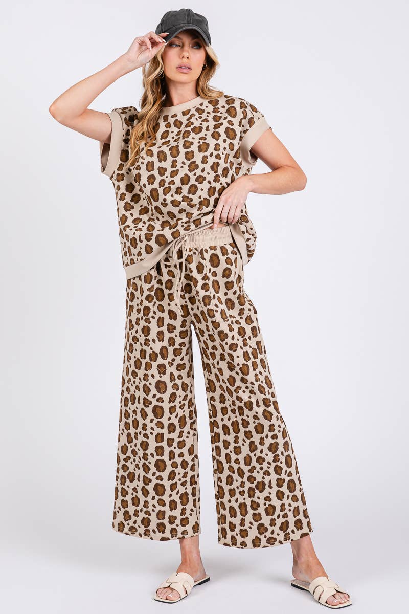 LEOPARD PRINT SCUBA TOP AND PANTS SETS