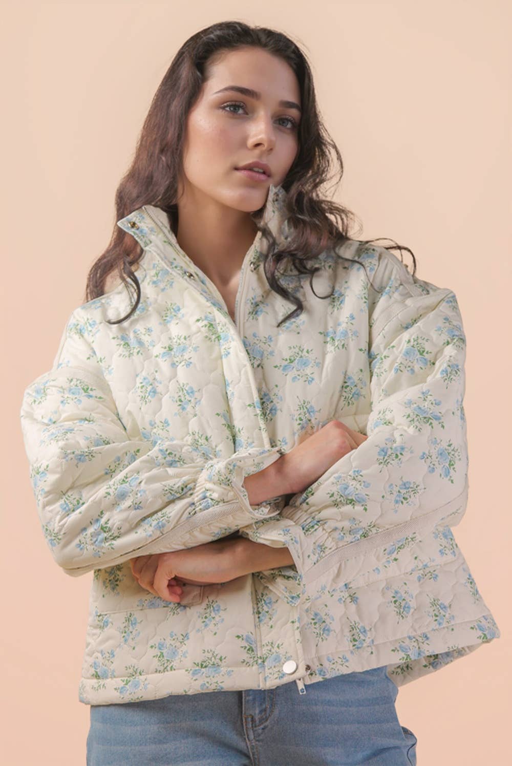 NJ90431-Floral Print Quilted Oversized Casual Jacket