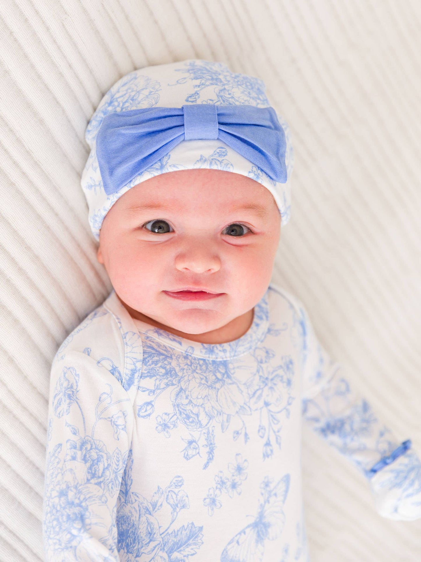 Baby Girls Periwinkle Blue Butterfly Garden Toile Bamboo Viscose Ruffle Knotted Sleep Gown & Hat Set