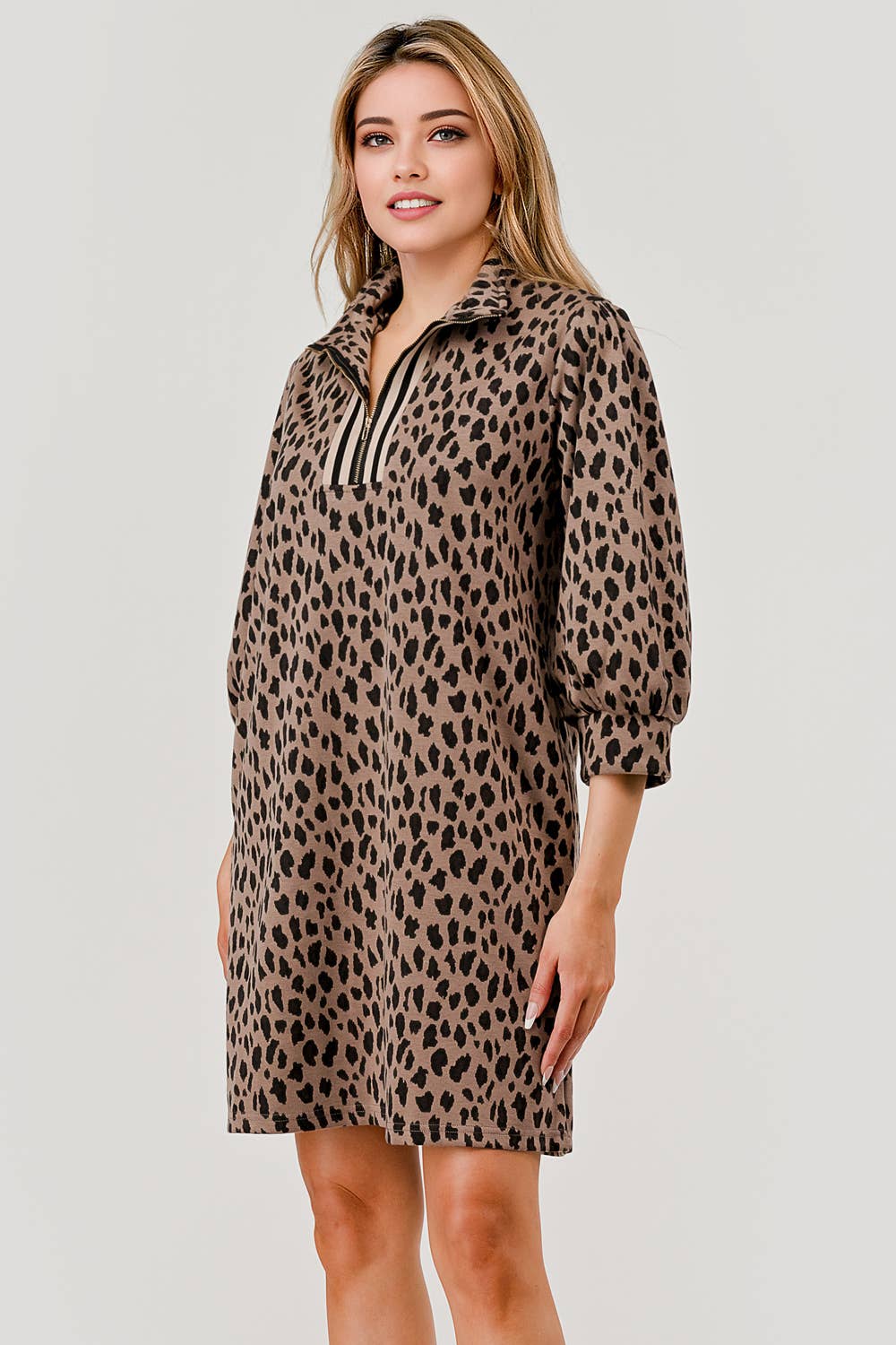 Mandy Leopard Print fabric Zipper Dress Brown