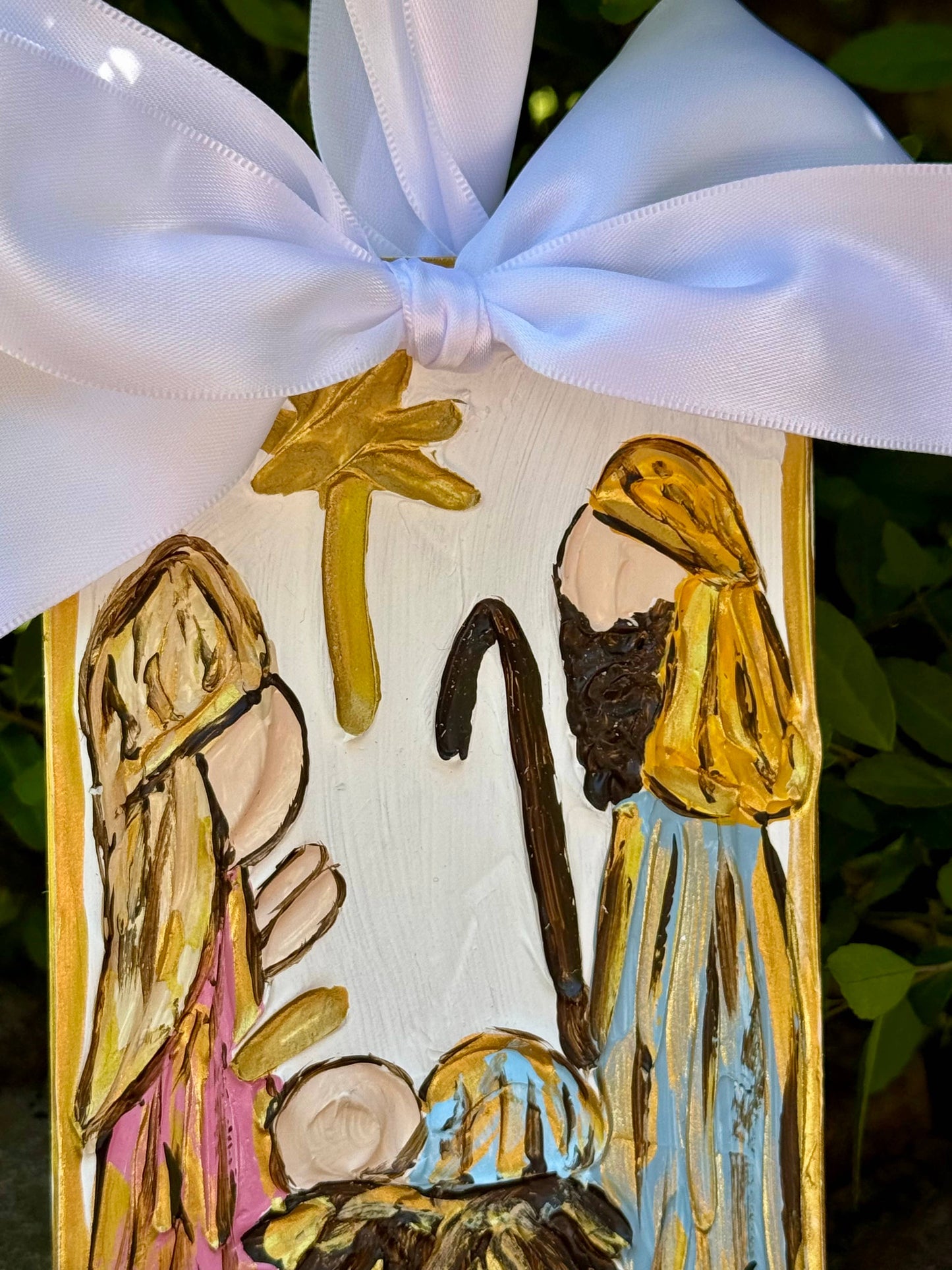 Nativity hand painted ornament with satin bow