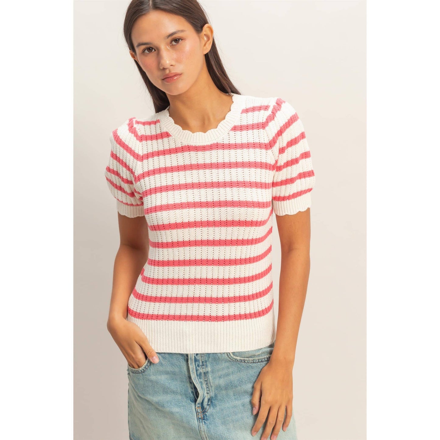 Striped Scallop Edge Puff Sleeve Knit Top