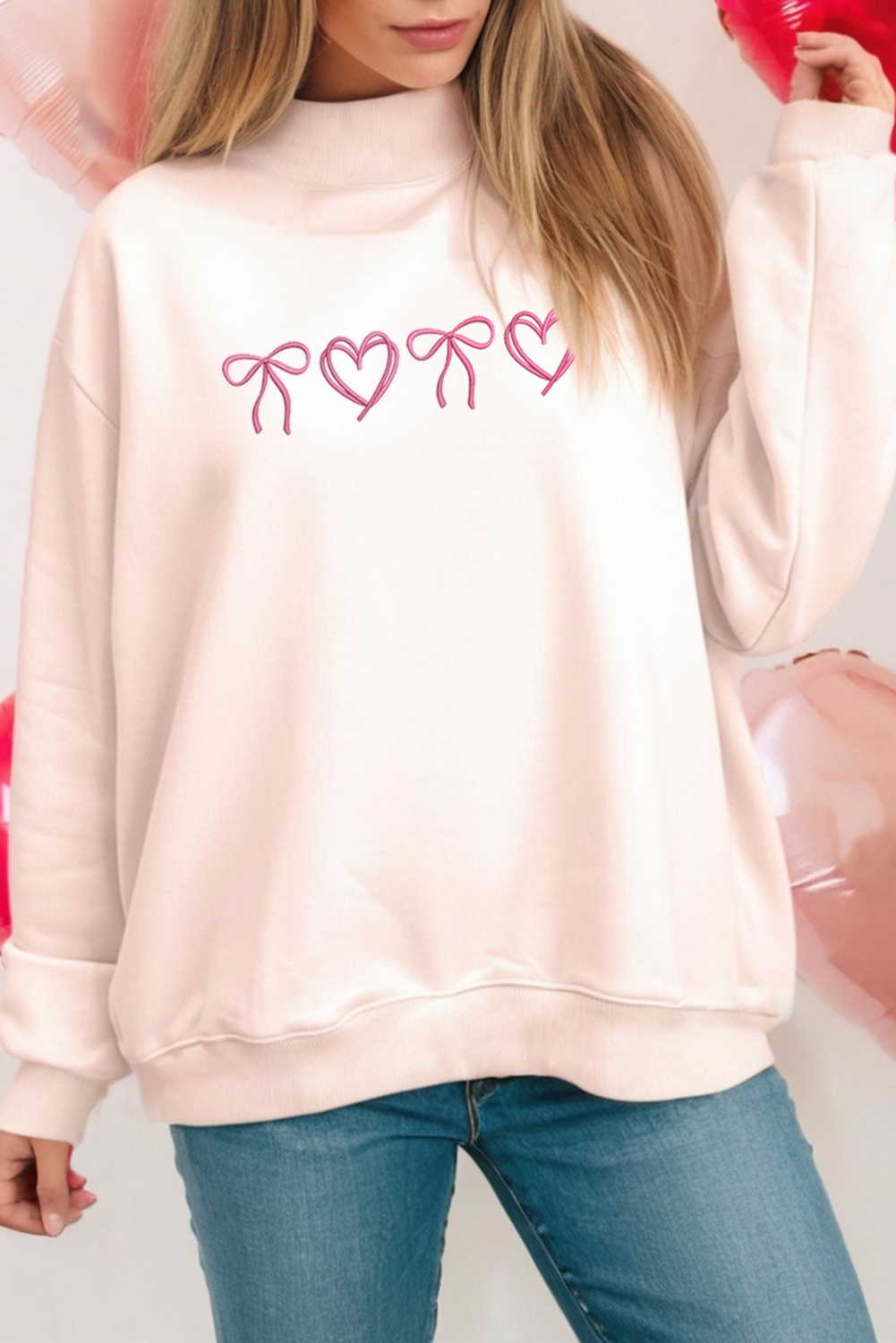 LDC Embroidered Mock Neck Valentines Day Sweatshirt