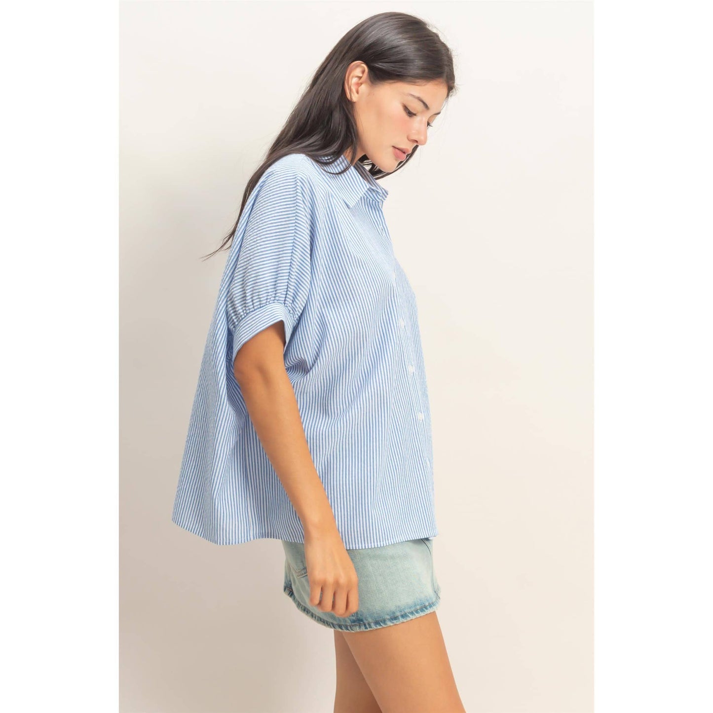 Striped Short Sleeve Button-Front Blouse