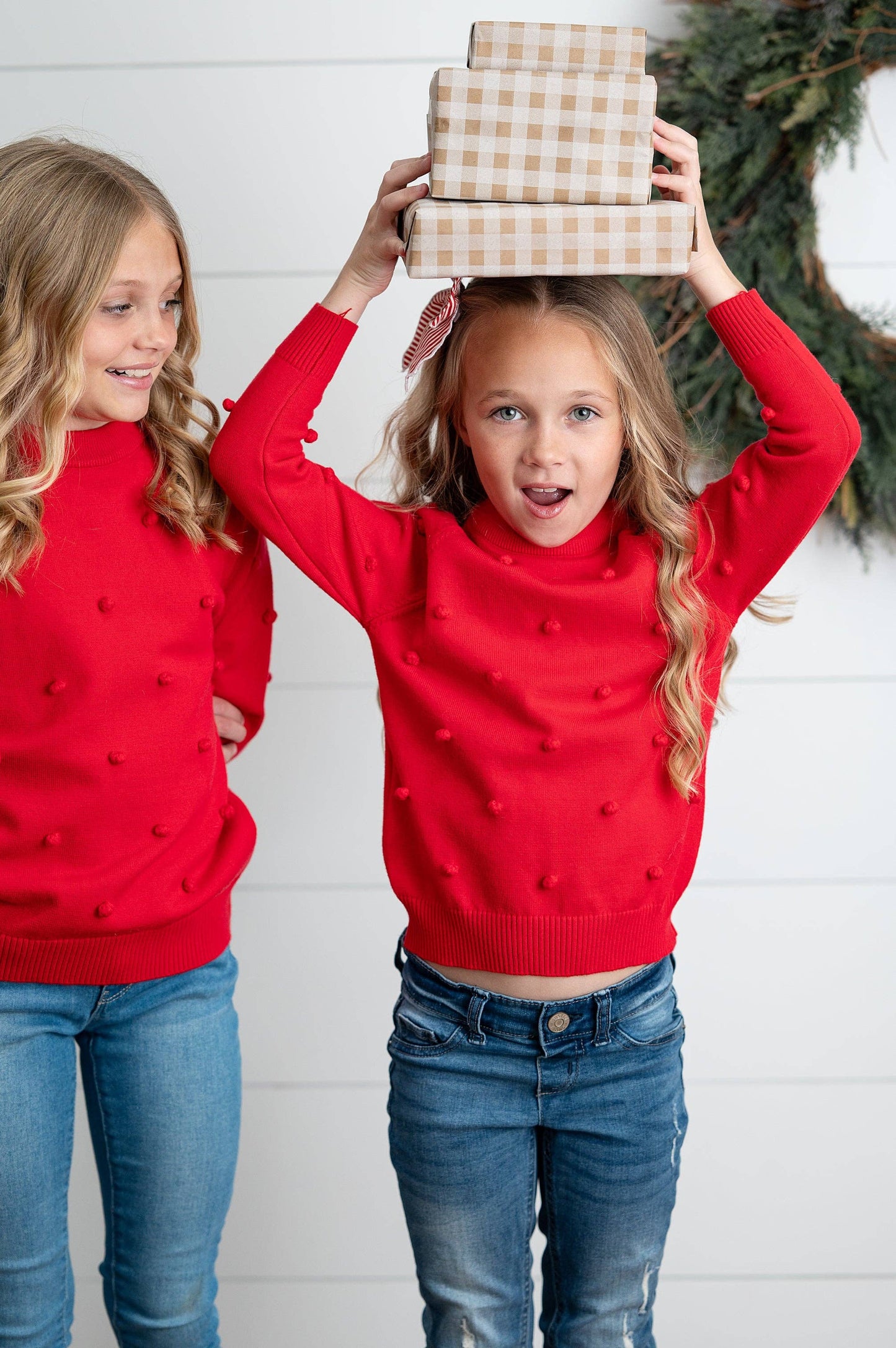 Kids Red Pom Pom Fall Winter Holiday Crew Neck Sweater